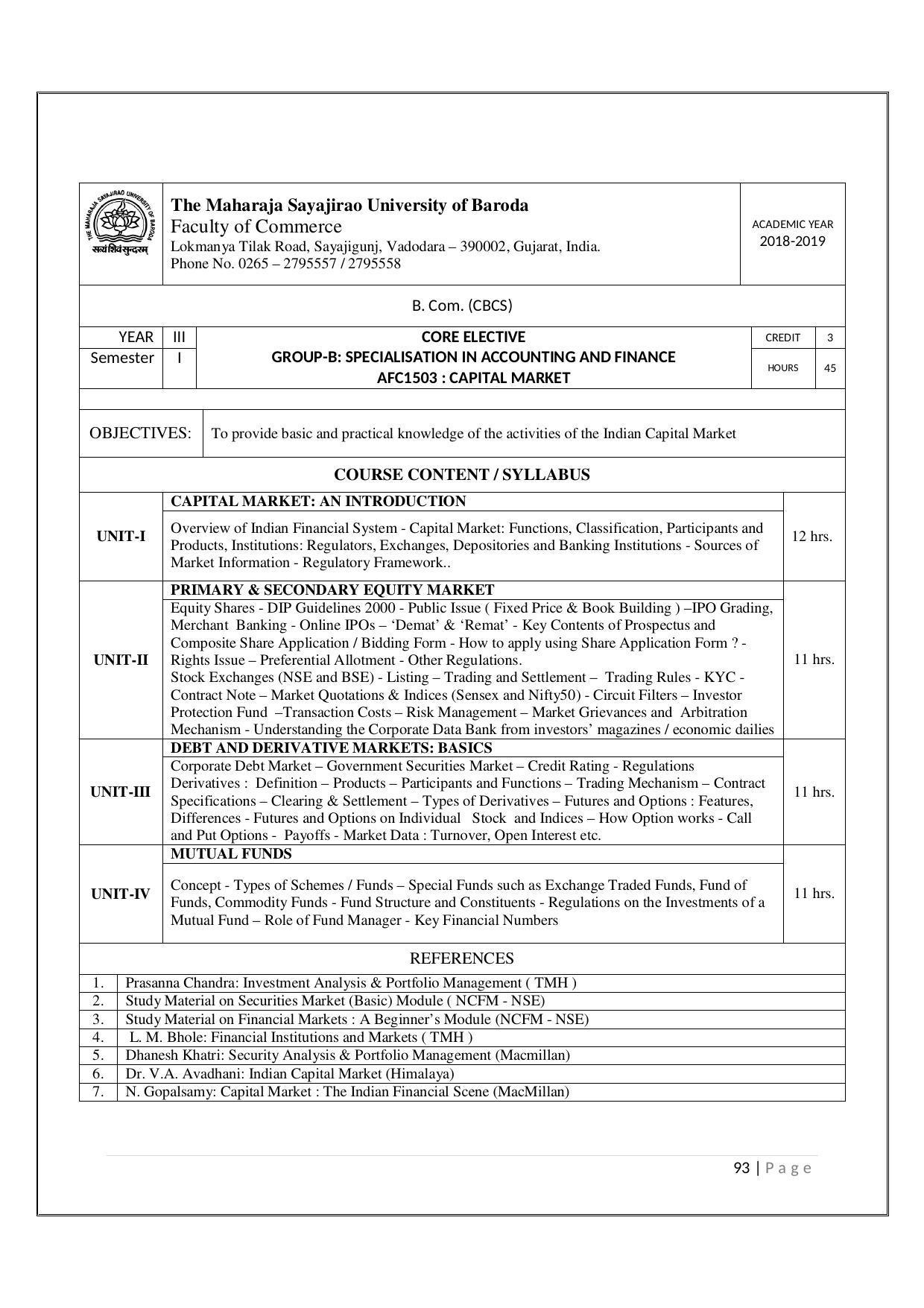 Maharaja Sayajirao University of Baroda, Baroda B.Com 2018-19 Prospectus - Page 94