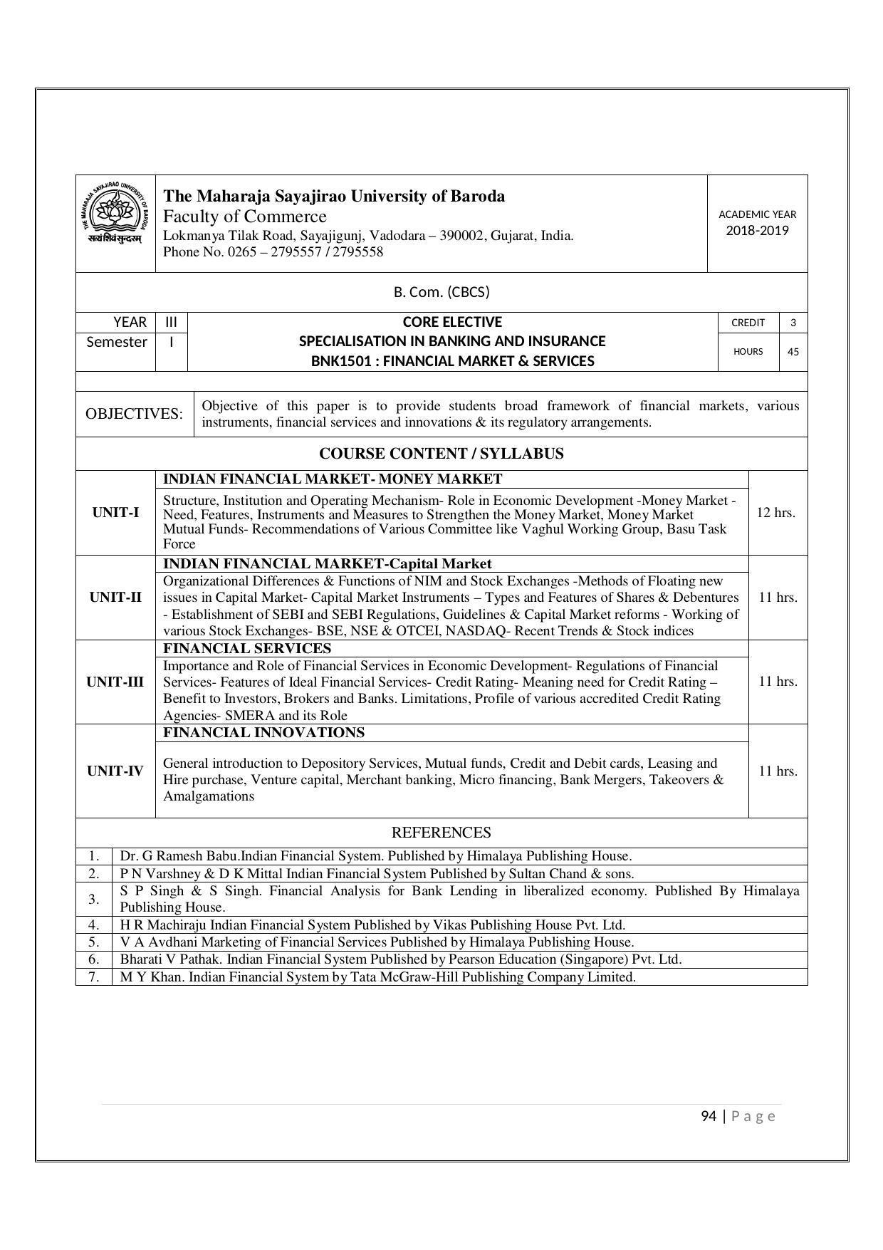 Maharaja Sayajirao University of Baroda, Baroda B.Com 2018-19 Prospectus - Page 95