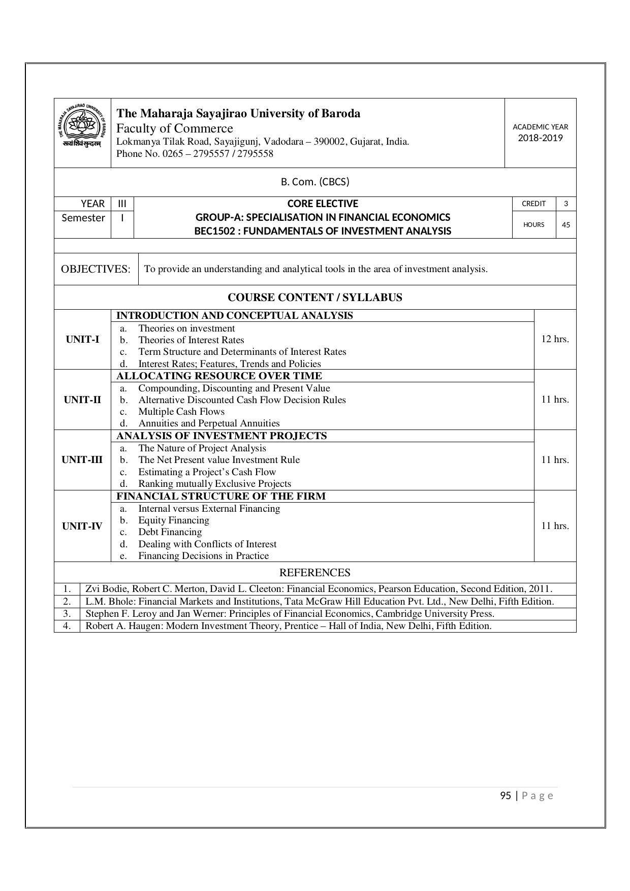 Maharaja Sayajirao University of Baroda, Baroda B.Com 2018-19 Prospectus - Page 96