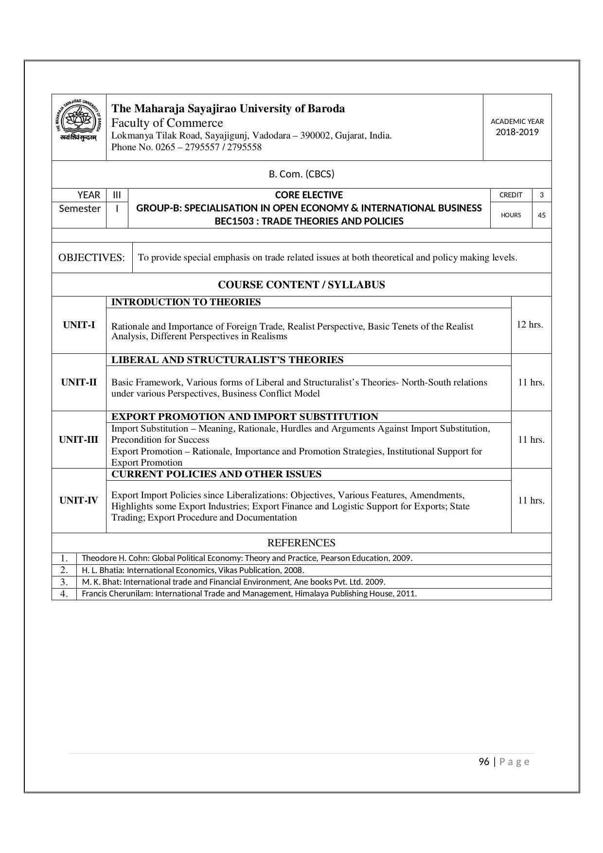 Maharaja Sayajirao University of Baroda, Baroda B.Com 2018-19 Prospectus - Page 97