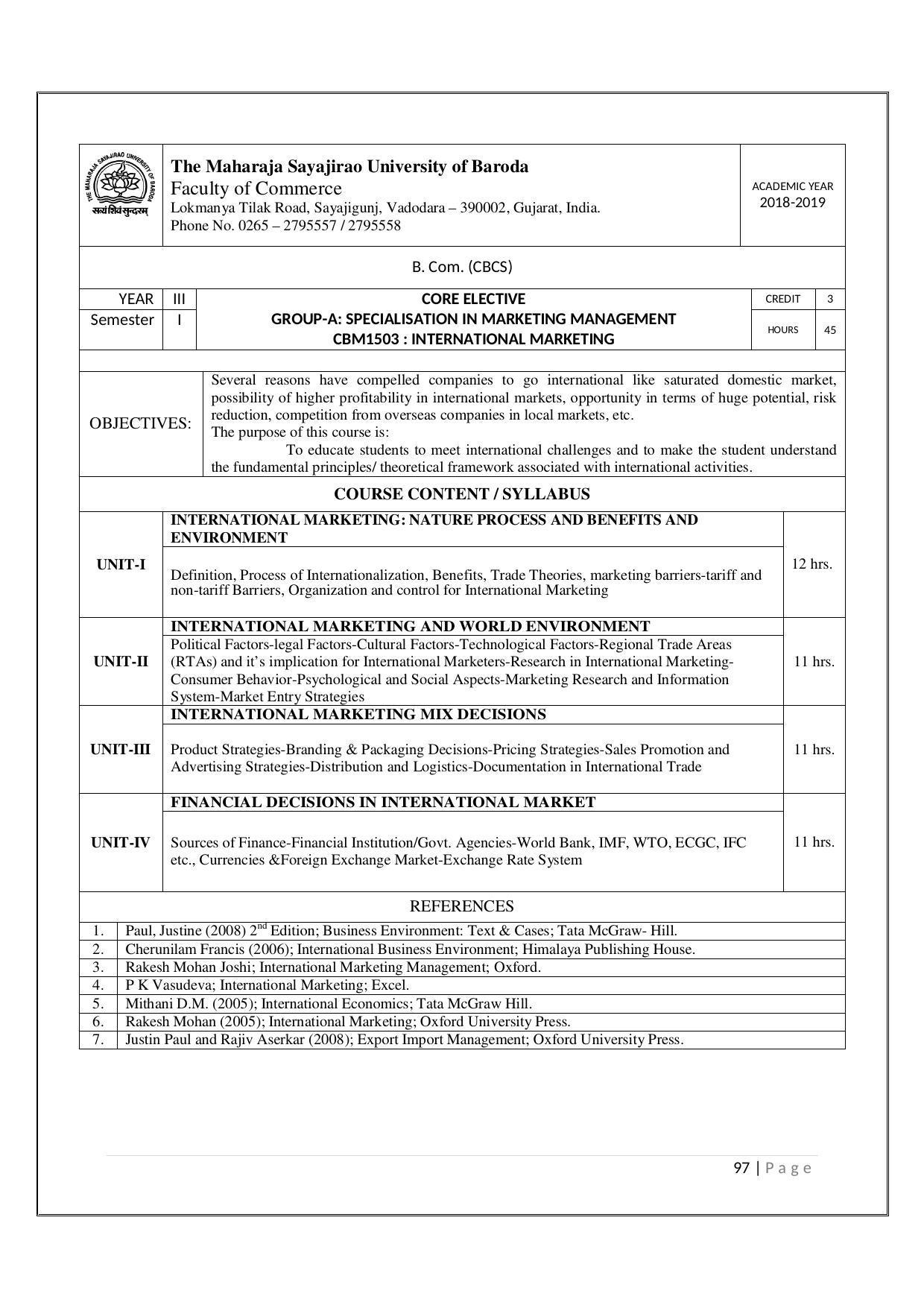 Maharaja Sayajirao University of Baroda, Baroda B.Com 2018-19 Prospectus - Page 98