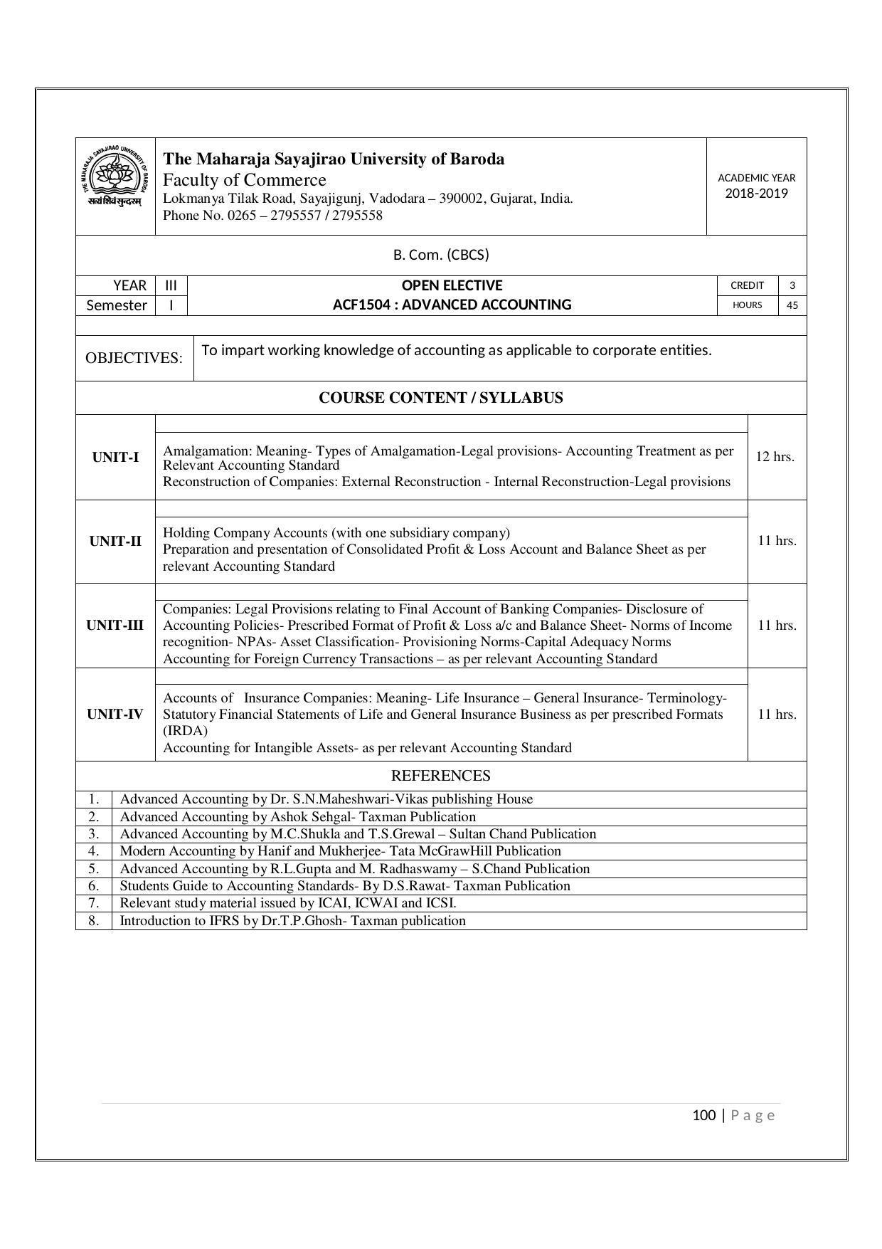 Maharaja Sayajirao University of Baroda, Baroda B.Com 2018-19 Prospectus - Page 101