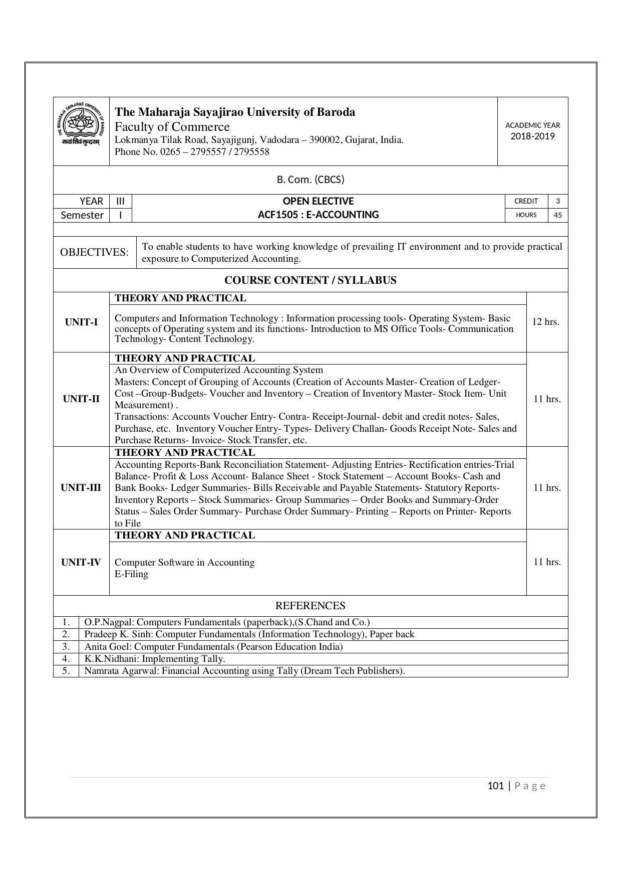 Maharaja Sayajirao University of Baroda, Baroda B.Com 2018-19 Prospectus - Page 102