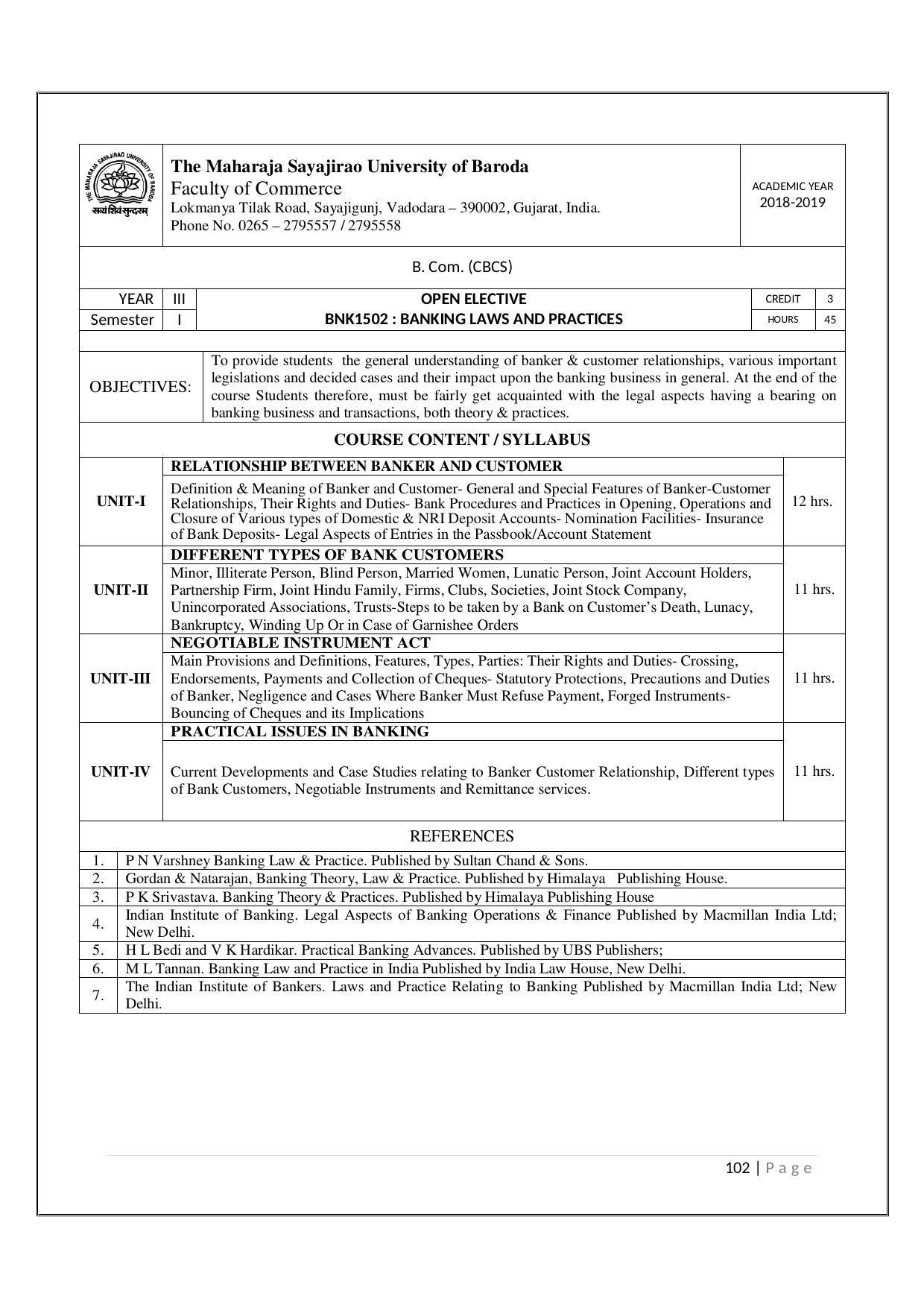 Maharaja Sayajirao University of Baroda, Baroda B.Com 2018-19 Prospectus - Page 103