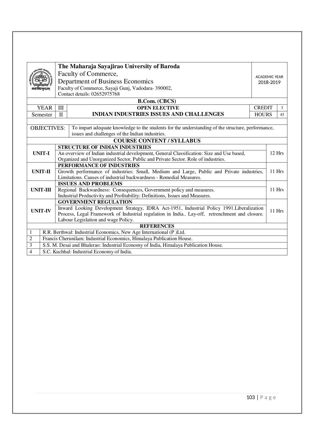 Maharaja Sayajirao University of Baroda, Baroda B.Com 2018-19 Prospectus - Page 104