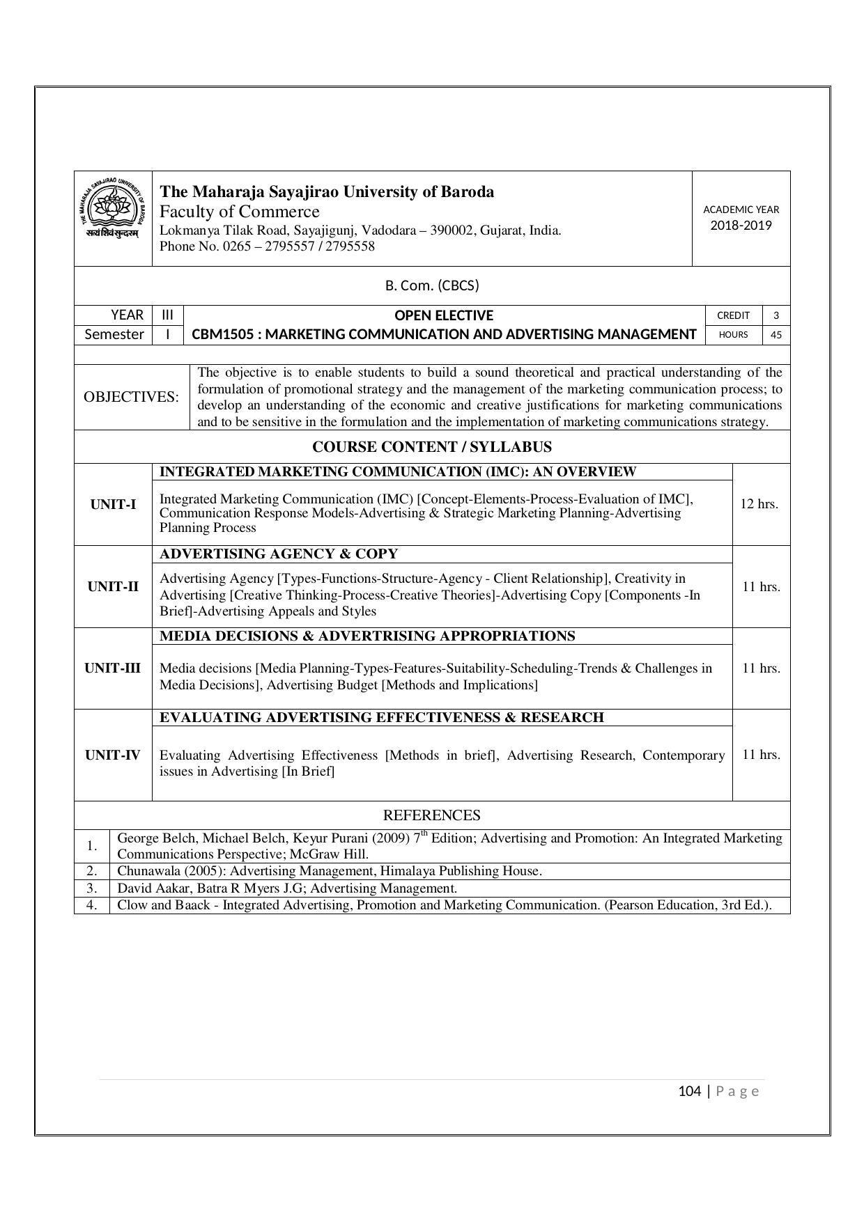 Maharaja Sayajirao University of Baroda, Baroda B.Com 2018-19 Prospectus - Page 105