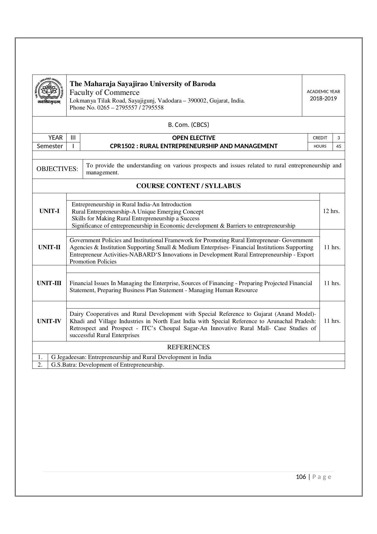 Maharaja Sayajirao University of Baroda, Baroda B.Com 2018-19 Prospectus - Page 107