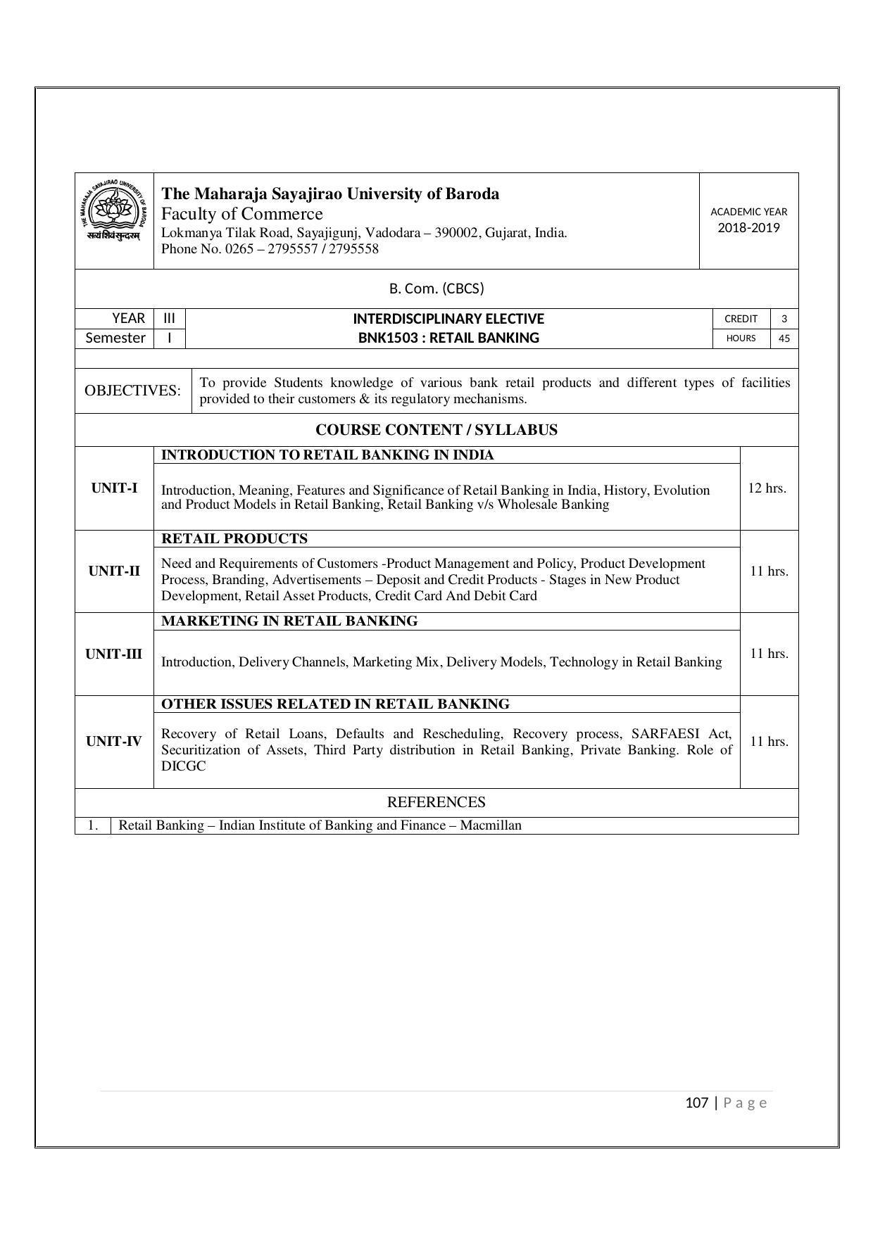 Maharaja Sayajirao University of Baroda, Baroda B.Com 2018-19 Prospectus - Page 108