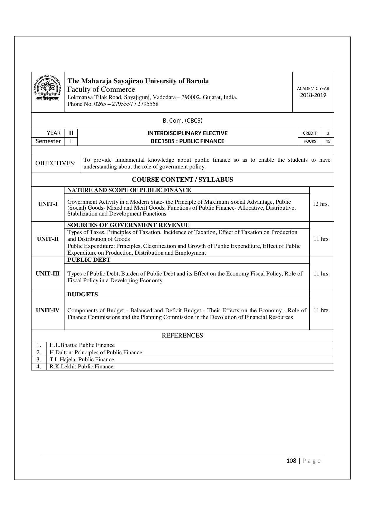 Maharaja Sayajirao University of Baroda, Baroda B.Com 2018-19 Prospectus - Page 109