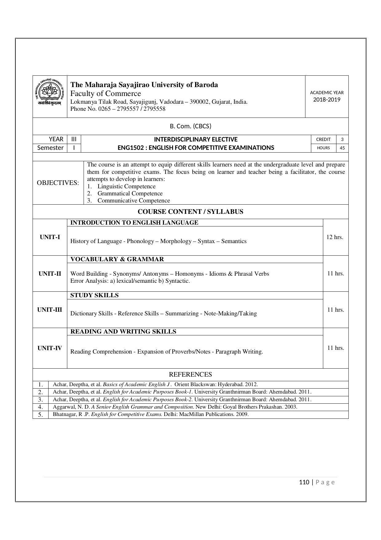 Maharaja Sayajirao University of Baroda, Baroda B.Com 2018-19 Prospectus - Page 111