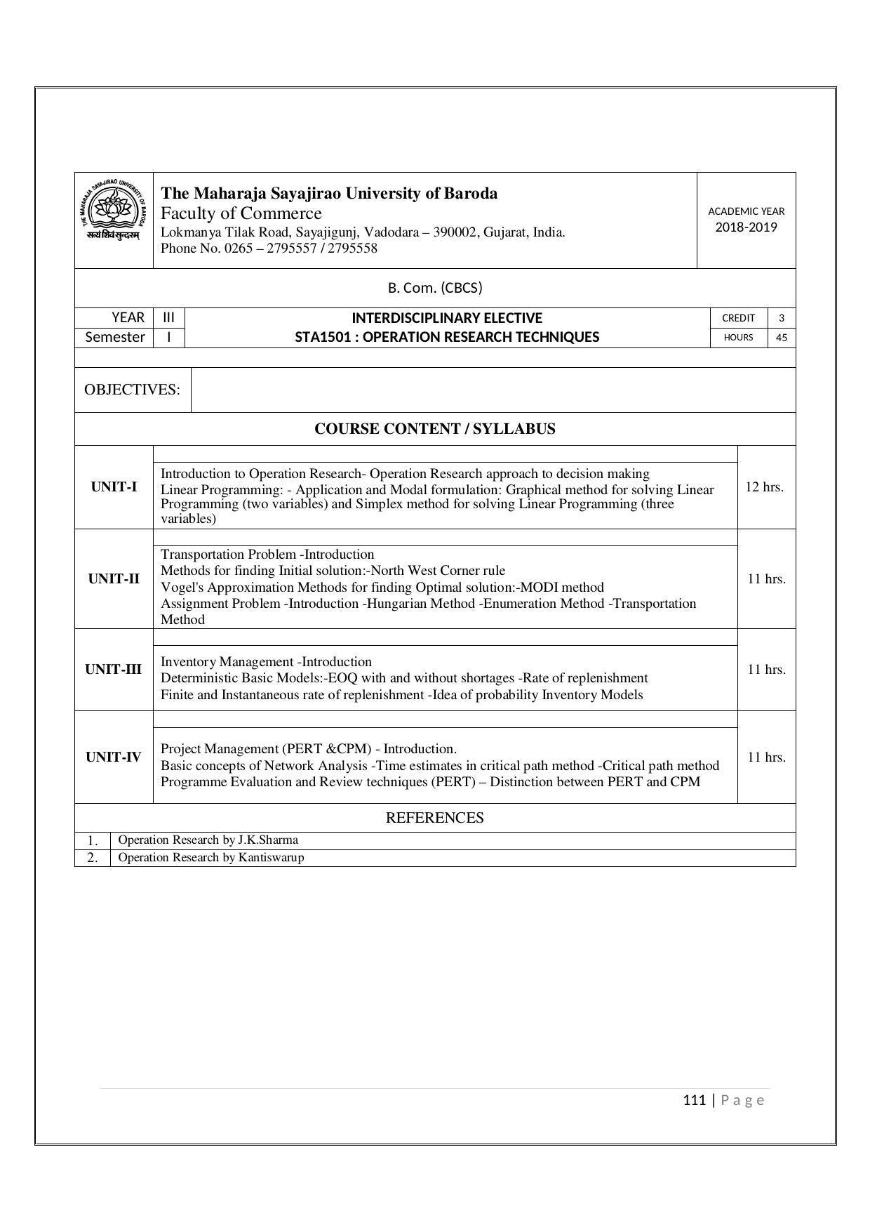 Maharaja Sayajirao University of Baroda, Baroda B.Com 2018-19 Prospectus - Page 112