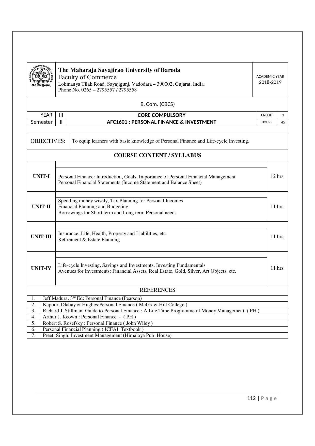Maharaja Sayajirao University of Baroda, Baroda B.Com 2018-19 Prospectus - Page 113