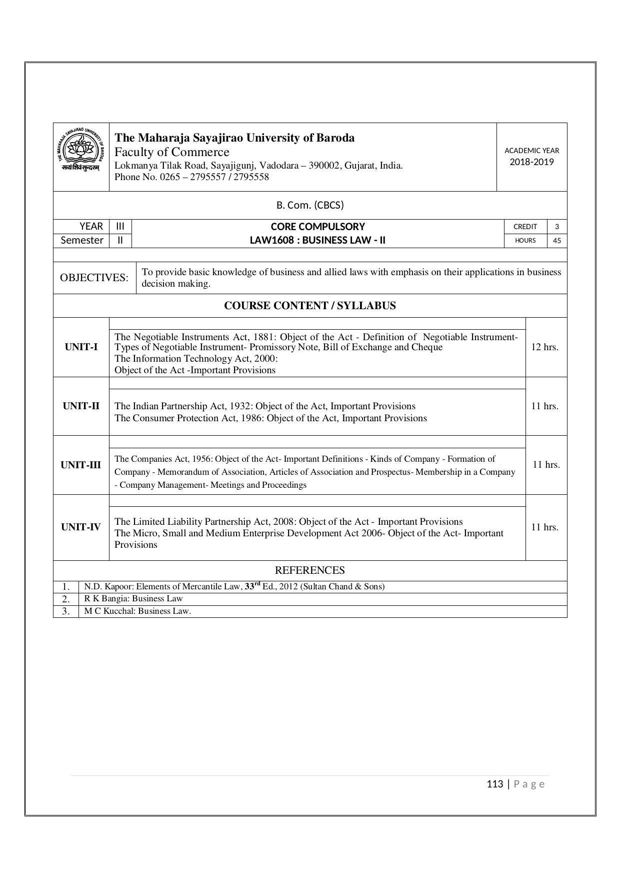 Maharaja Sayajirao University of Baroda, Baroda B.Com 2018-19 Prospectus - Page 114