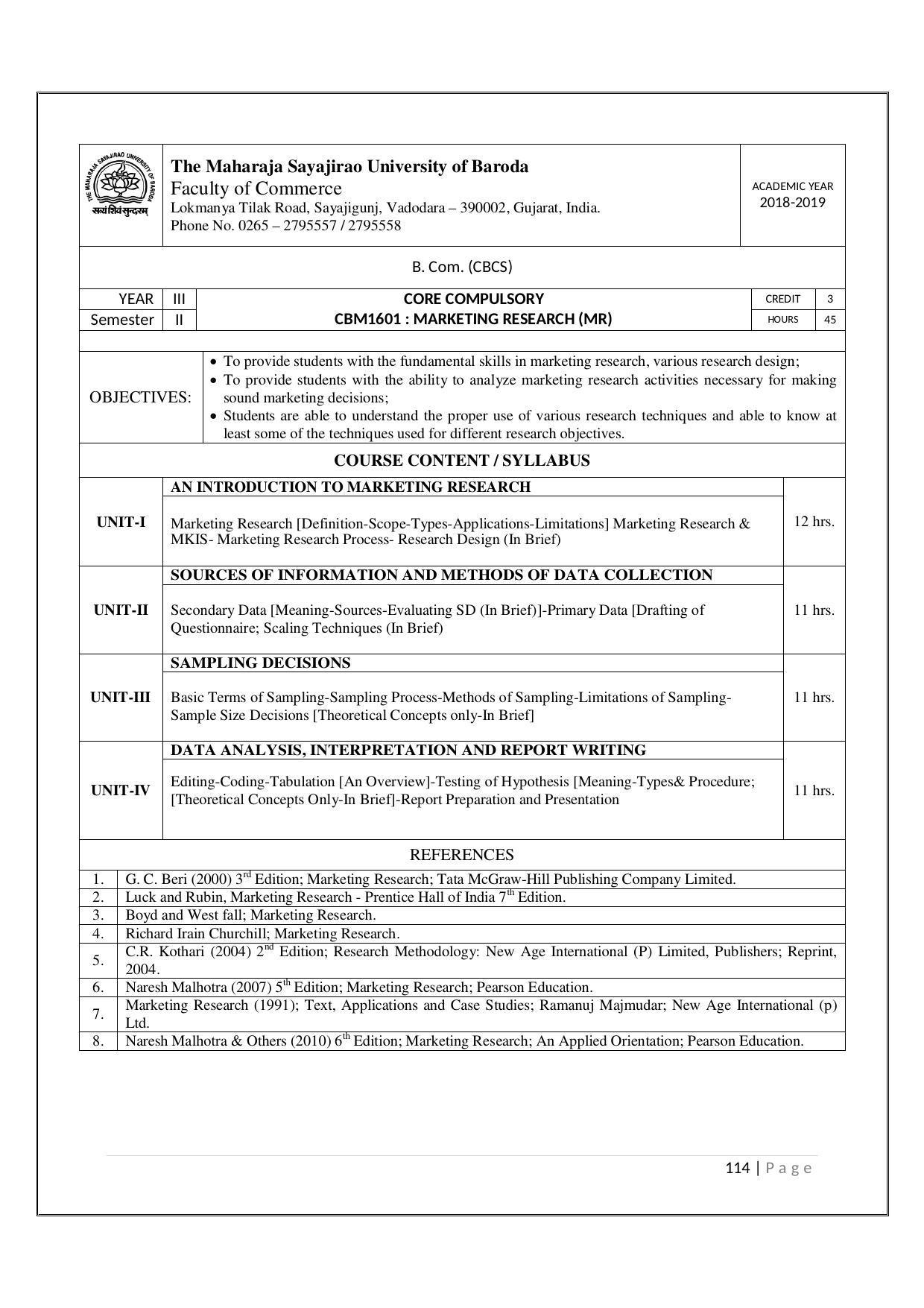 Maharaja Sayajirao University of Baroda, Baroda B.Com 2018-19 Prospectus - Page 115