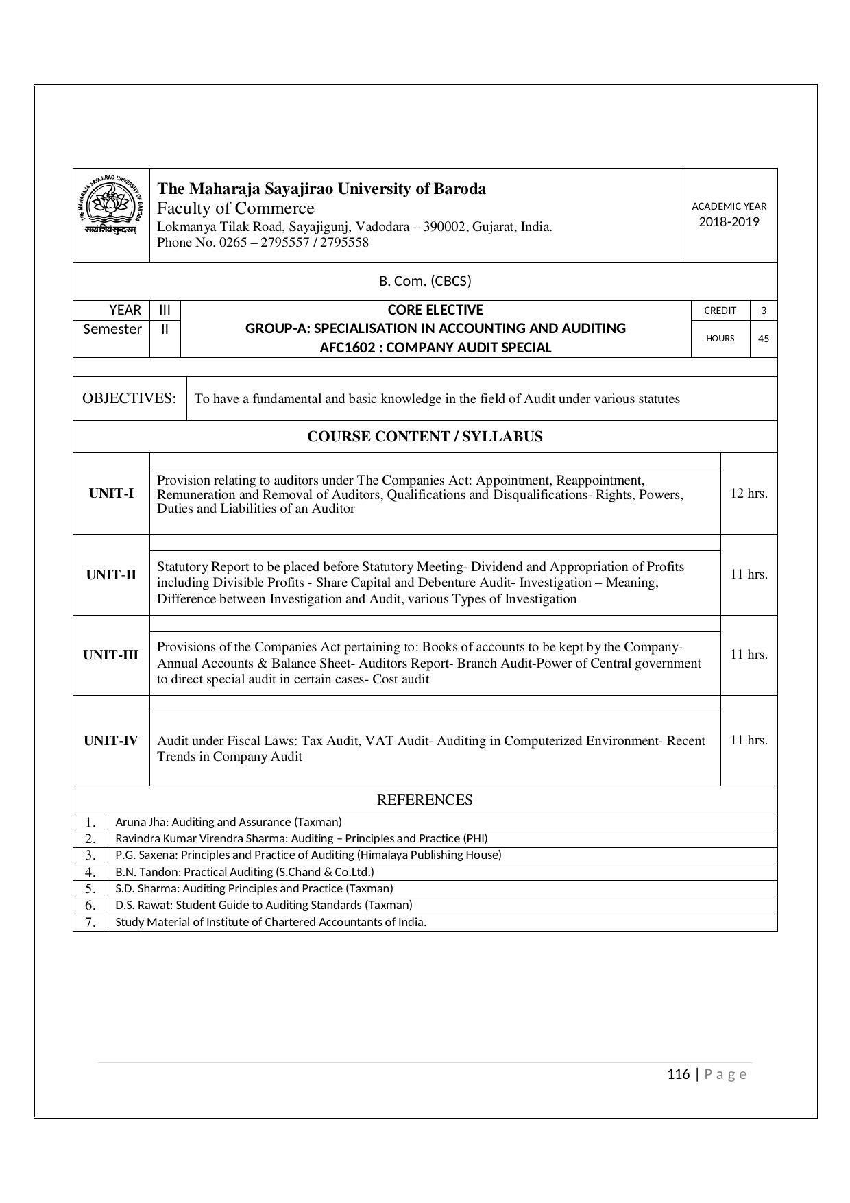 Maharaja Sayajirao University of Baroda, Baroda B.Com 2018-19 Prospectus - Page 117