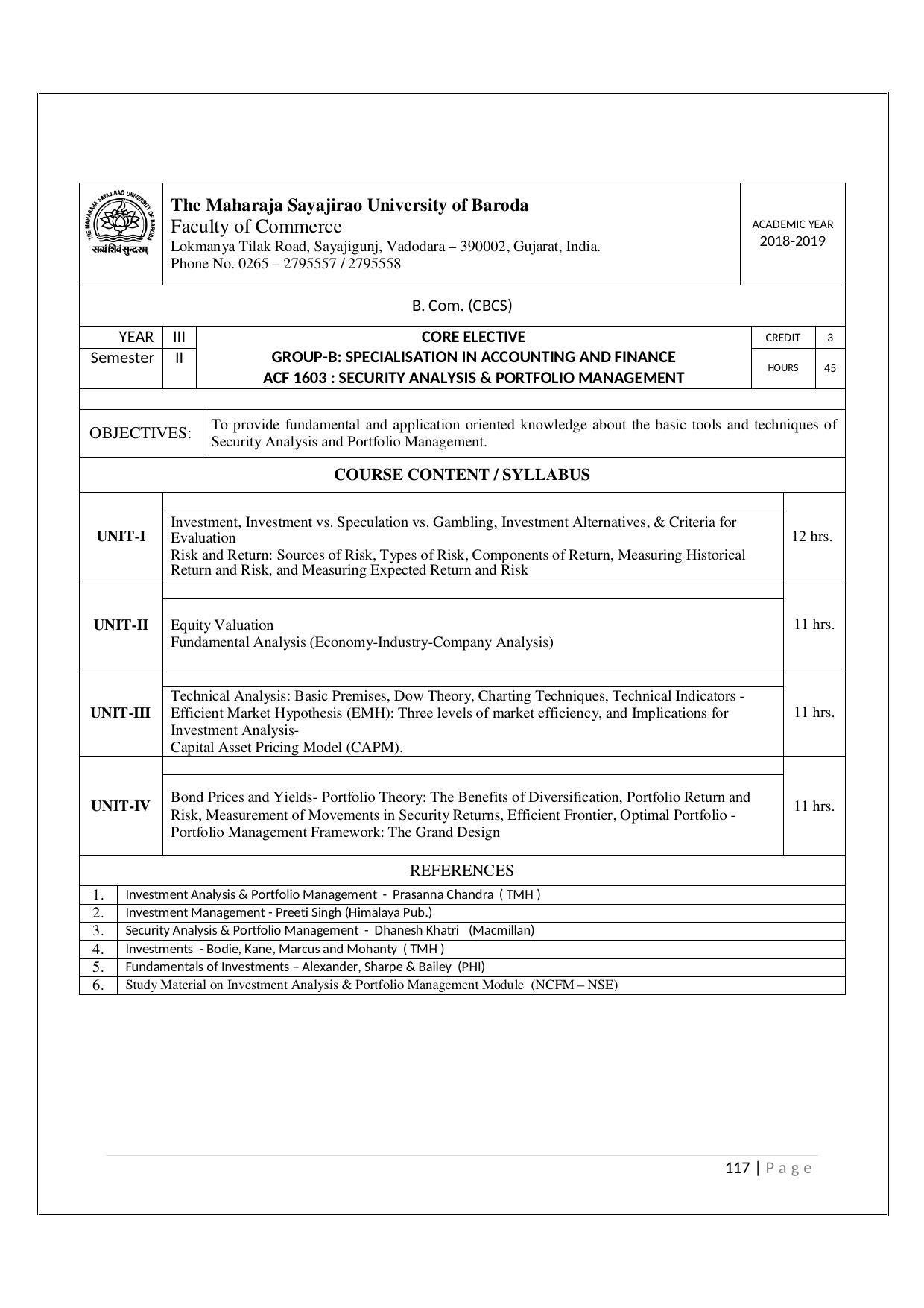 Maharaja Sayajirao University of Baroda, Baroda B.Com 2018-19 Prospectus - Page 118