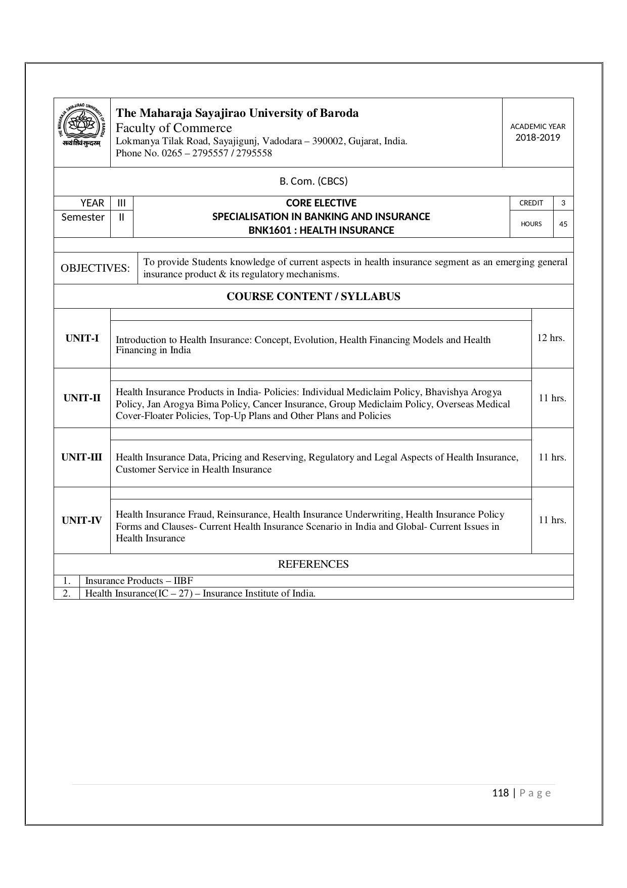 Maharaja Sayajirao University of Baroda, Baroda B.Com 2018-19 Prospectus - Page 119