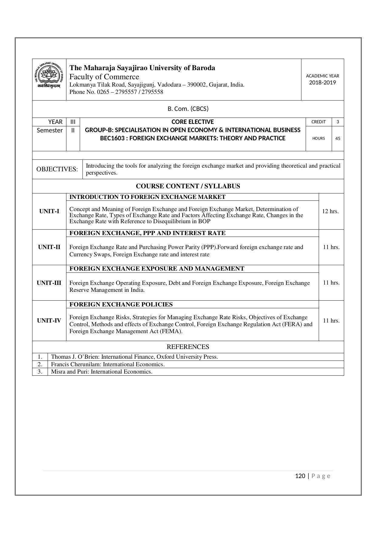Maharaja Sayajirao University of Baroda, Baroda B.Com 2018-19 Prospectus - Page 121