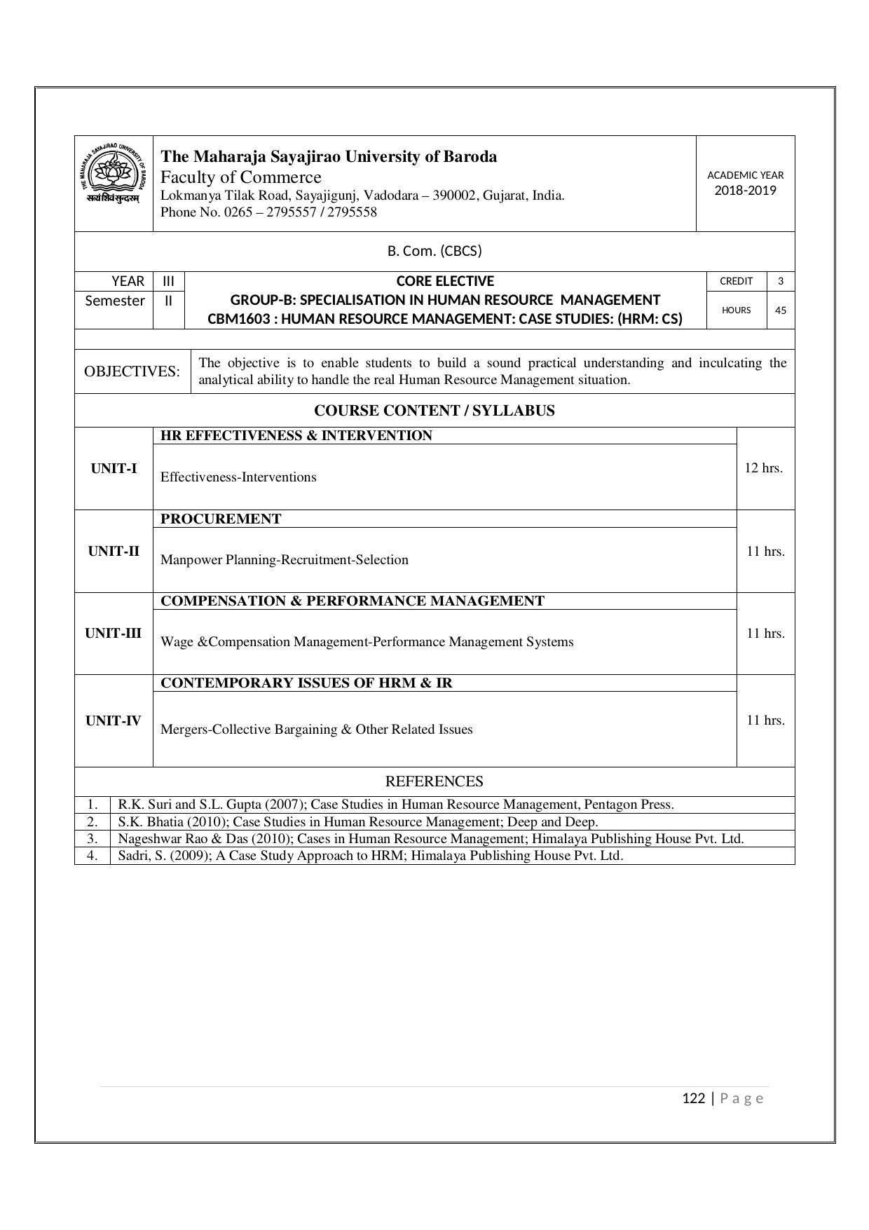 Maharaja Sayajirao University of Baroda, Baroda B.Com 2018-19 Prospectus - Page 123