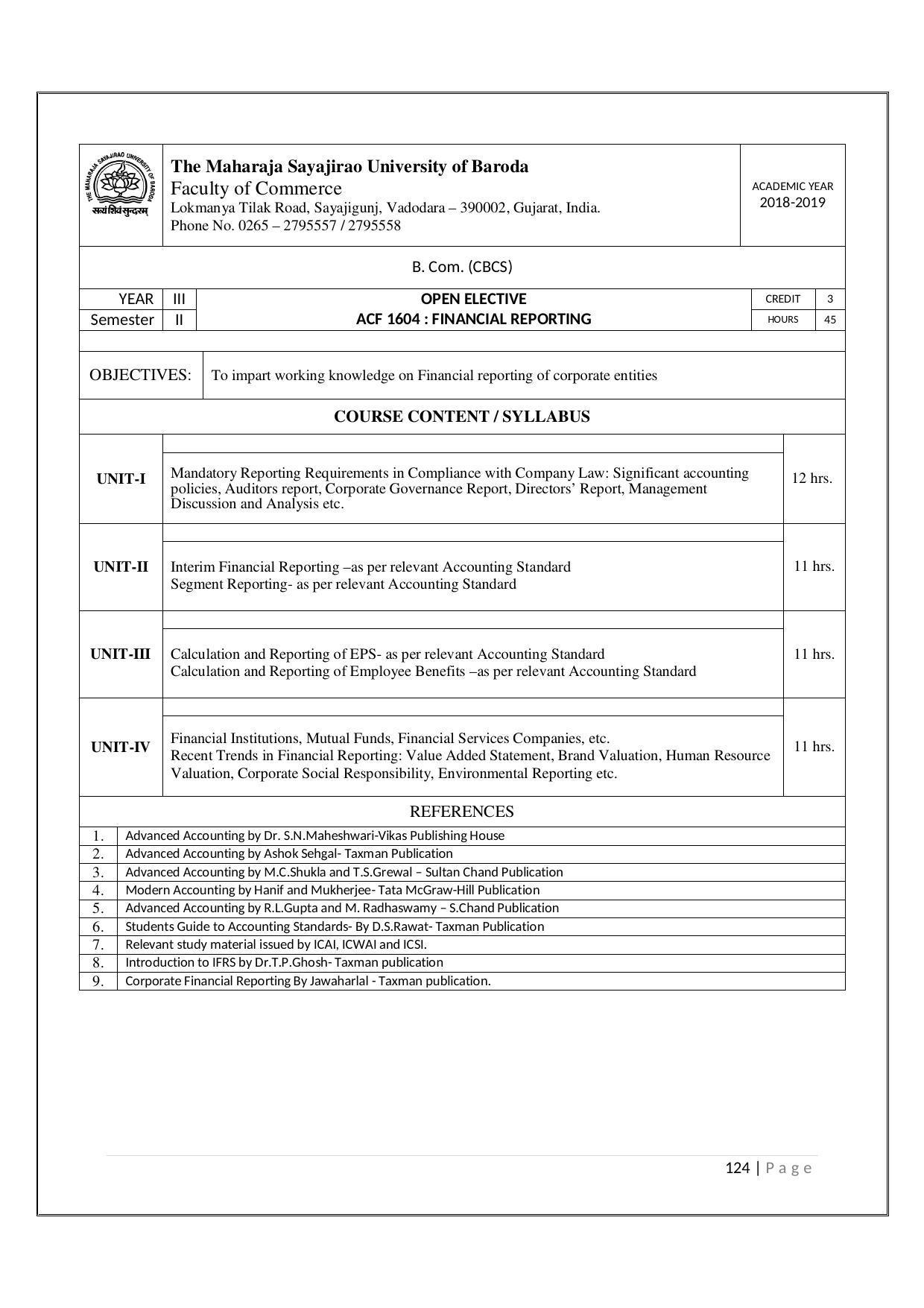 Maharaja Sayajirao University of Baroda, Baroda B.Com 2018-19 Prospectus - Page 125
