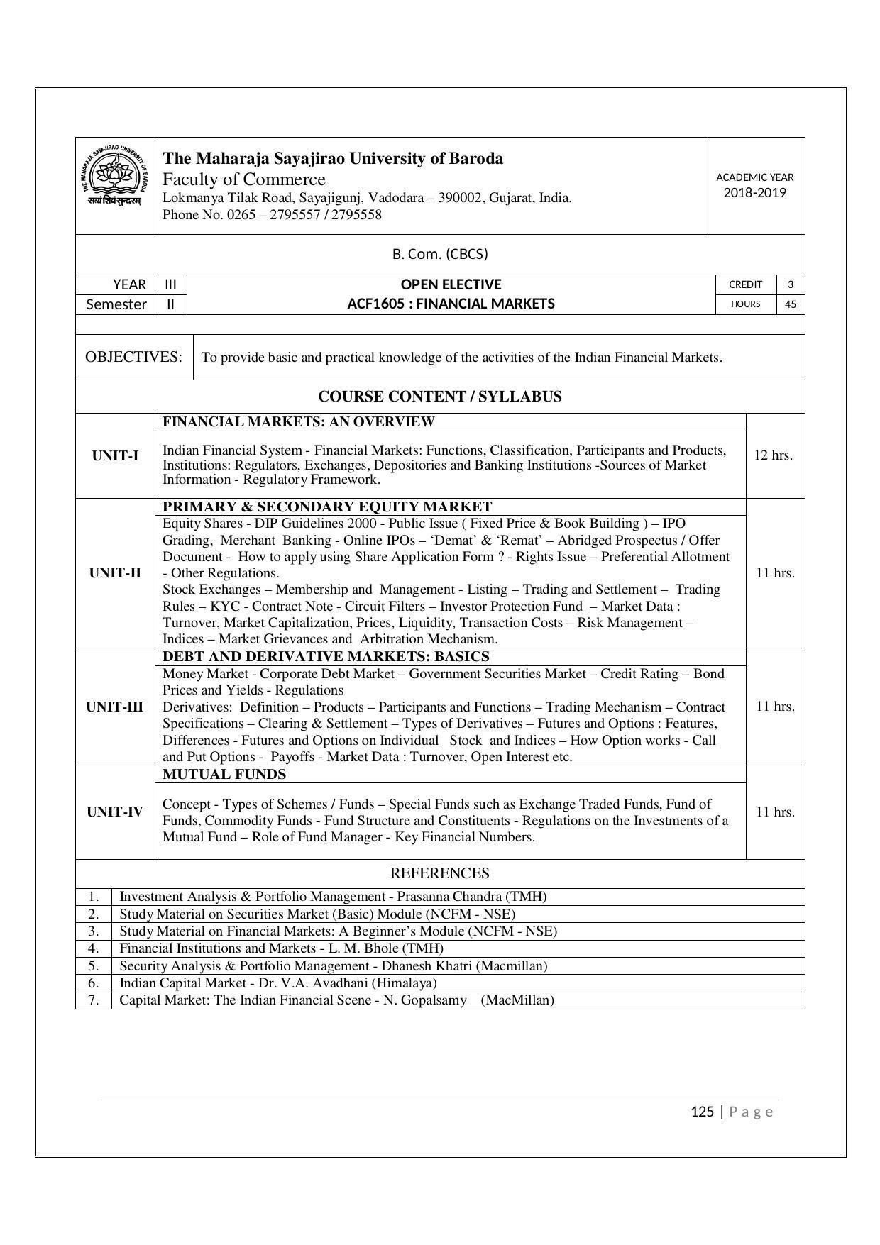 Maharaja Sayajirao University of Baroda, Baroda B.Com 2018-19 Prospectus - Page 126