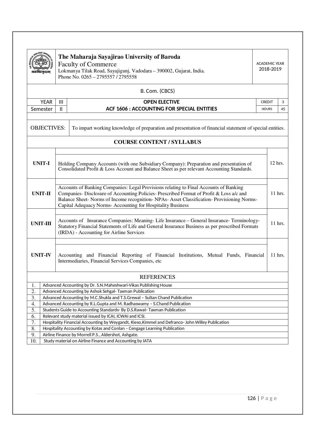 Maharaja Sayajirao University of Baroda, Baroda B.Com 2018-19 Prospectus - Page 127