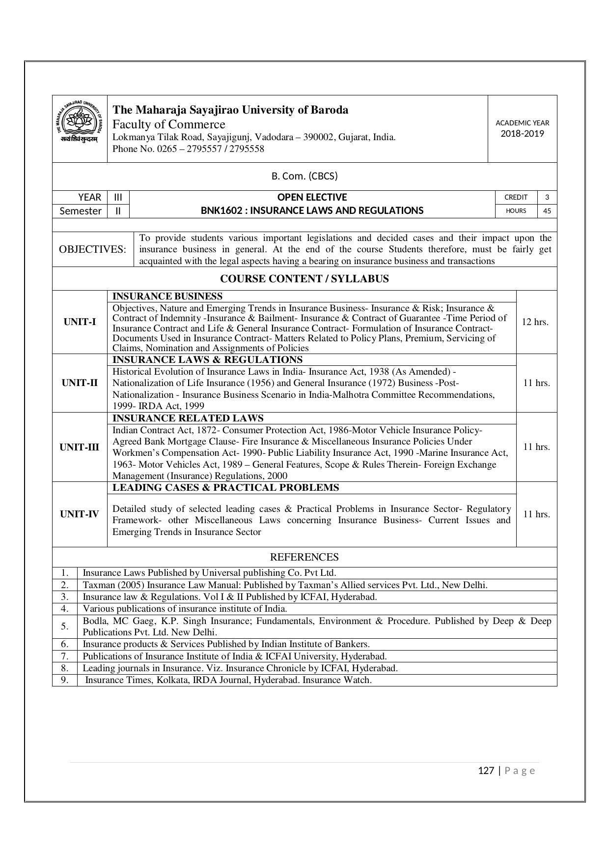 Maharaja Sayajirao University of Baroda, Baroda B.Com 2018-19 Prospectus - Page 128