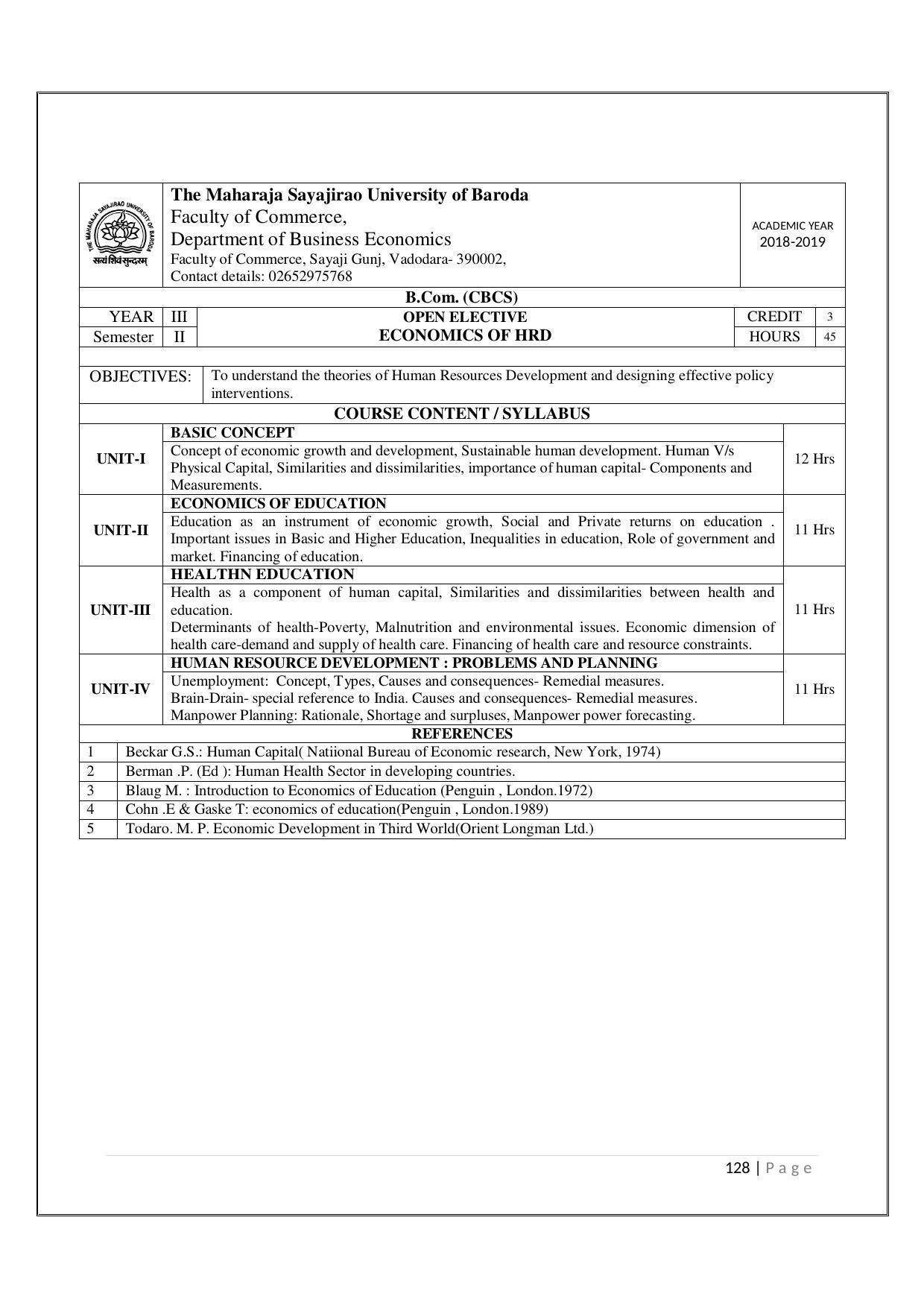 Maharaja Sayajirao University of Baroda, Baroda B.Com 2018-19 Prospectus - Page 129