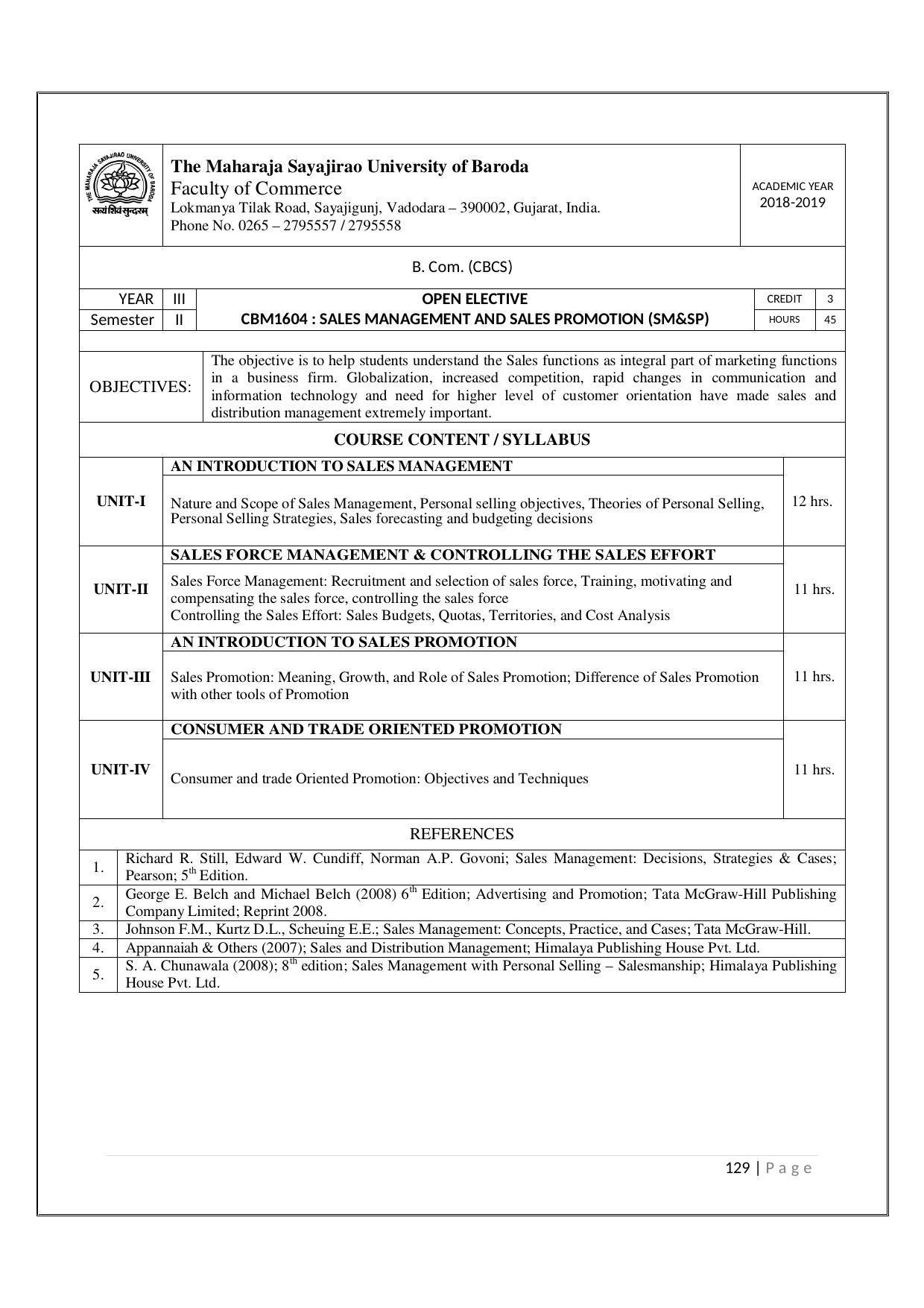 Maharaja Sayajirao University of Baroda, Baroda B.Com 2018-19 Prospectus - Page 130