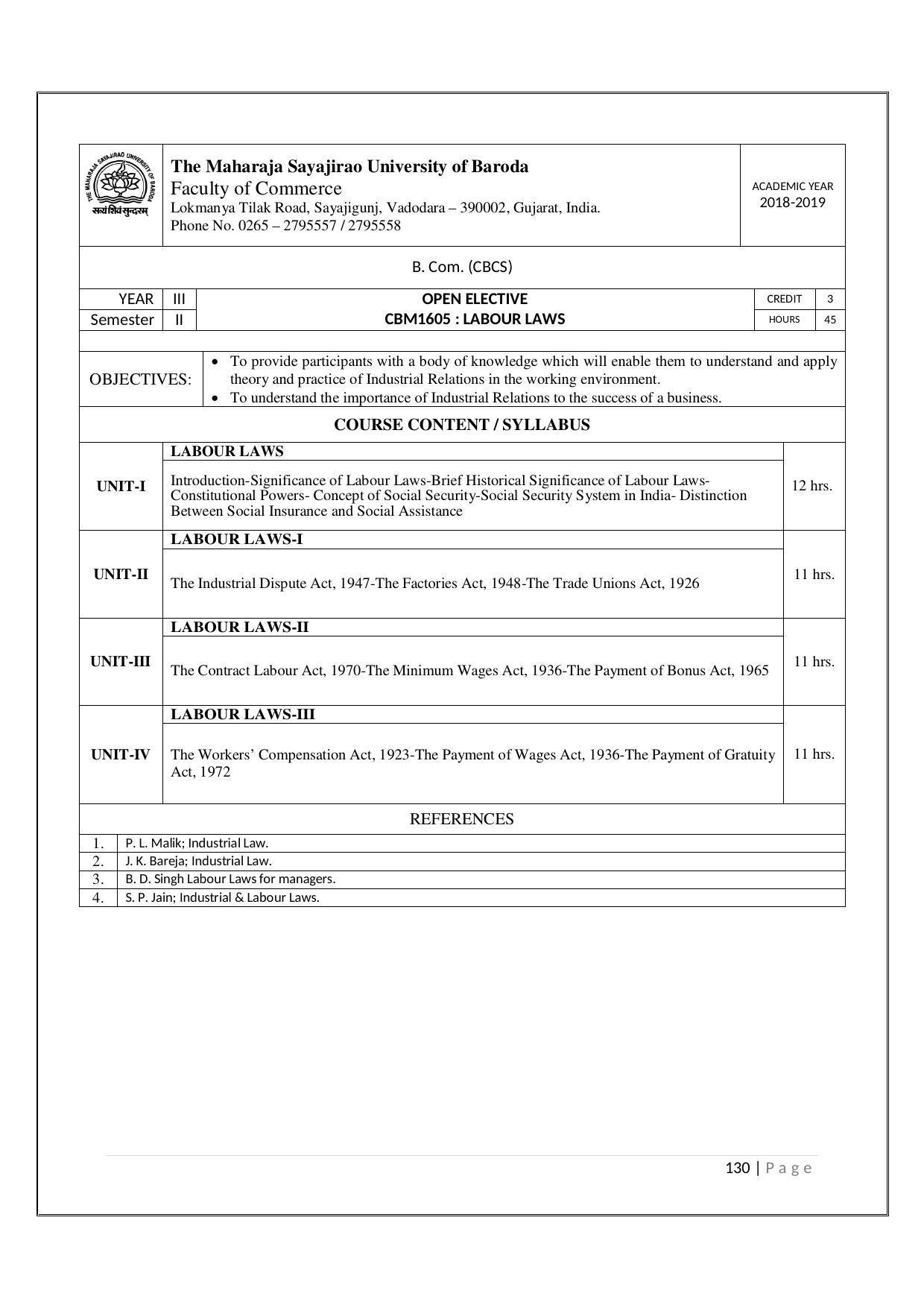 Maharaja Sayajirao University of Baroda, Baroda B.Com 2018-19 Prospectus - Page 131