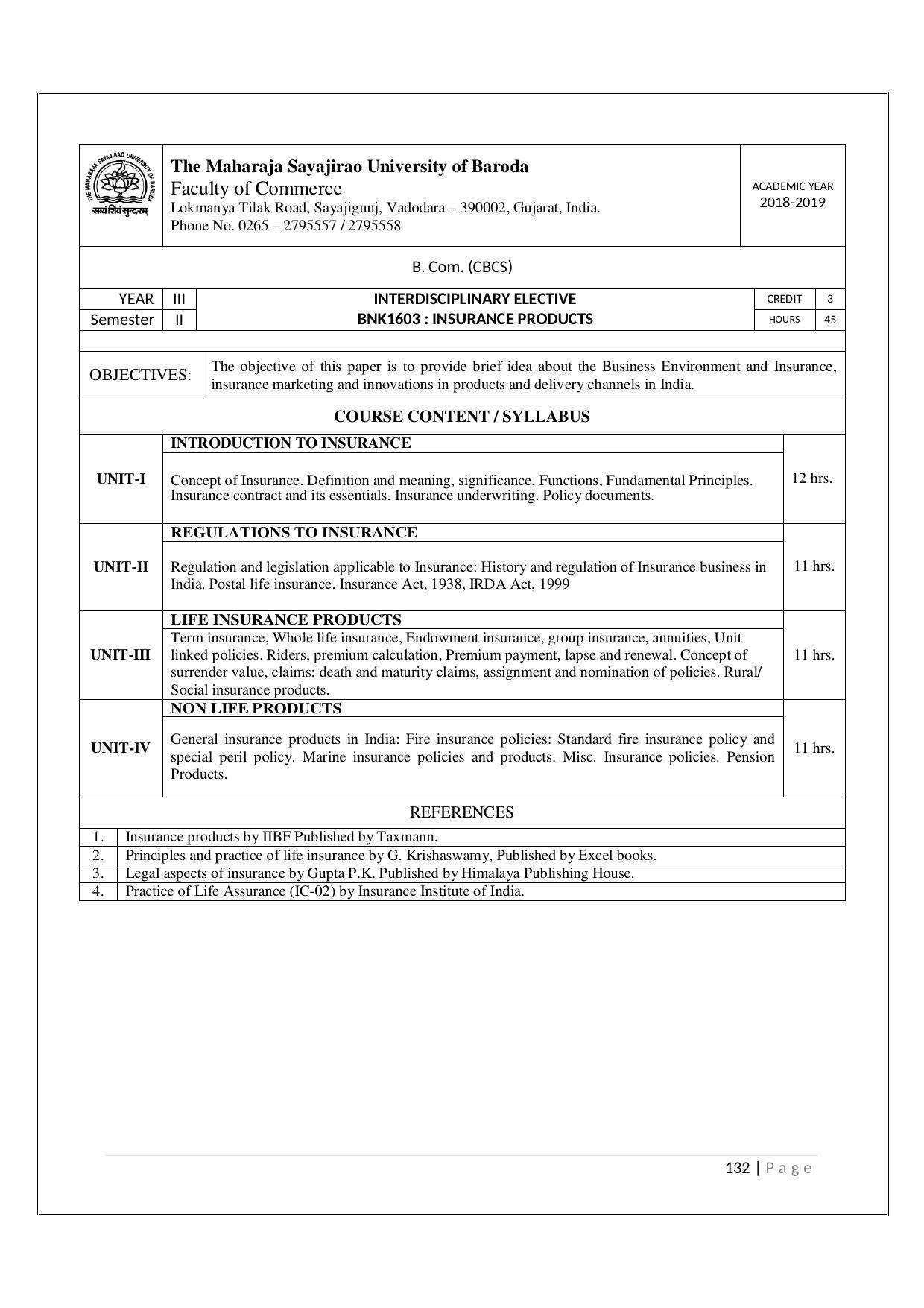 Maharaja Sayajirao University of Baroda, Baroda B.Com 2018-19 Prospectus - Page 133