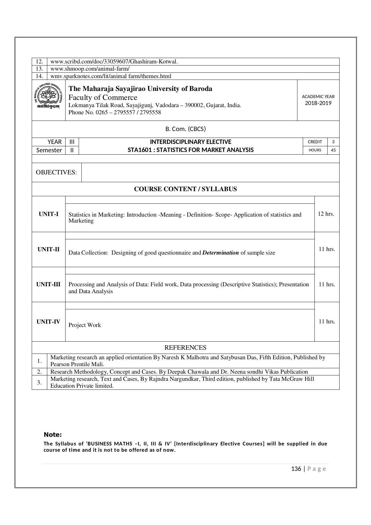 Maharaja Sayajirao University of Baroda, Baroda B.Com 2018-19 Prospectus - Page 137