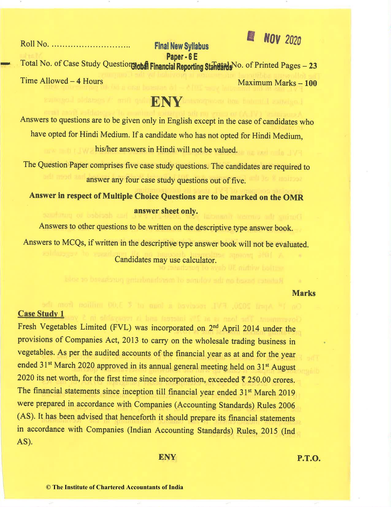 CA Final Nov 2020 Question Paper - Paper 6E – Global Financial Reporting Standards - Page 1