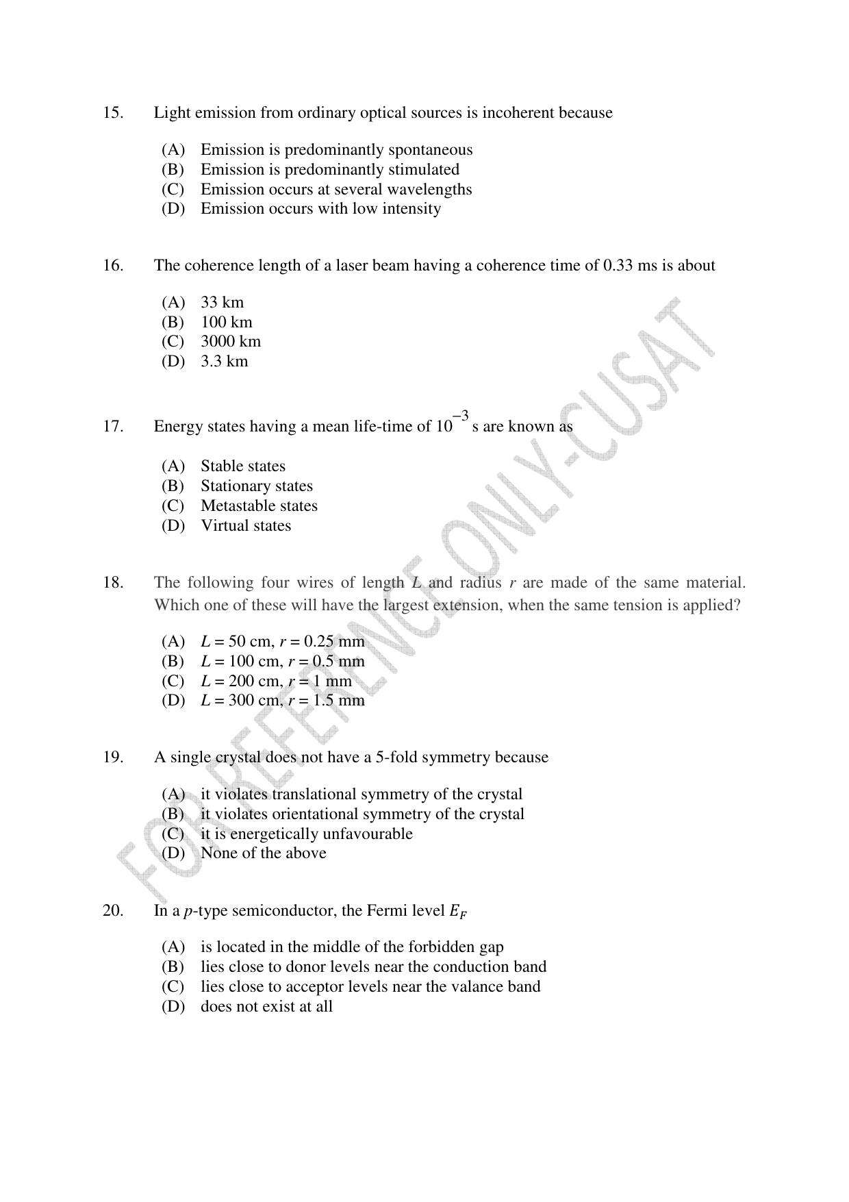 CUSAT CAT 2022 PHYSICS Question Paper - Page 4