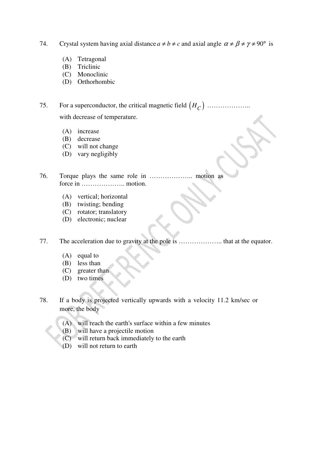 CUSAT CAT 2022 PHYSICS Question Paper - Page 15