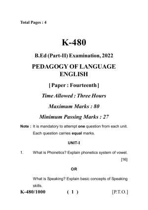 Sarguja University Question Paper - 2022 :   Bachelor Of Education II Year  Pedagogy Of Language-English (II) Paper I