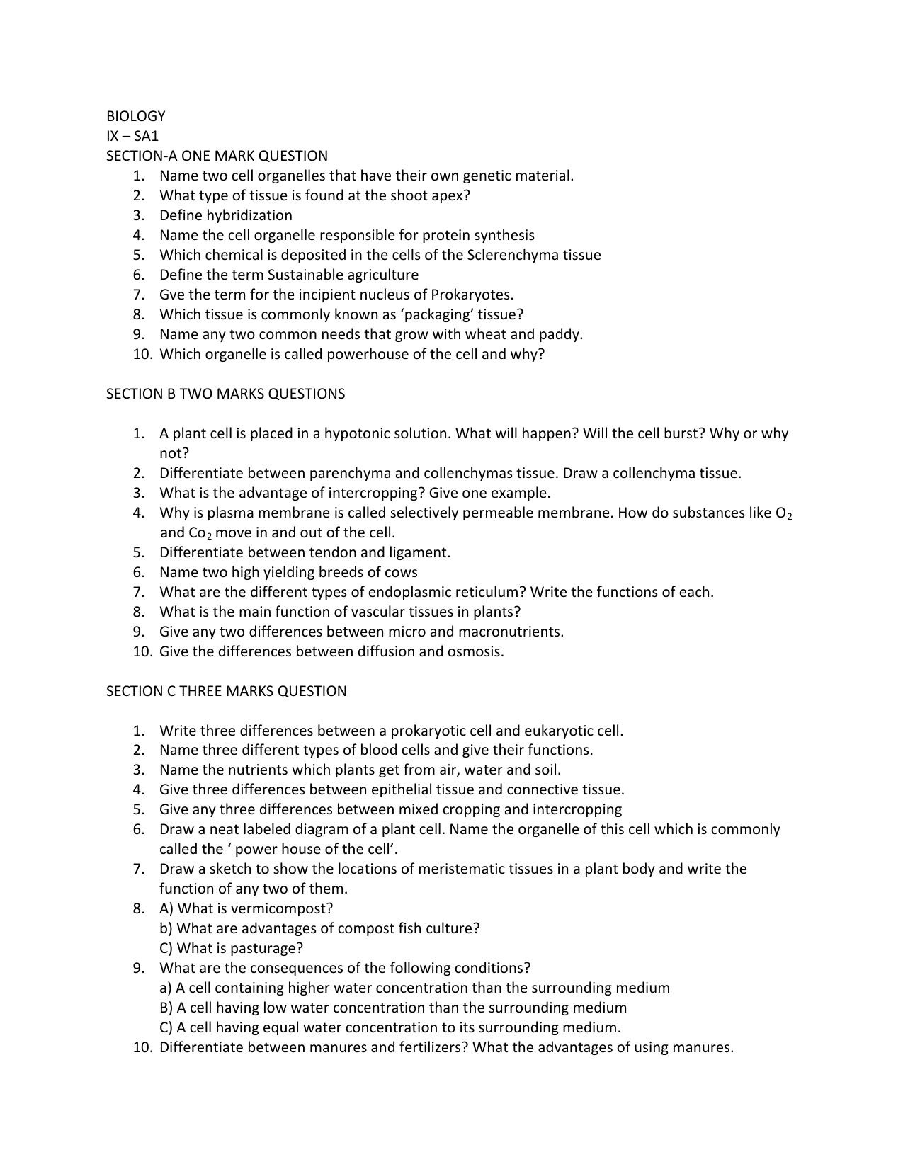 CBSE Worksheets for Class 9 Biology Assignment 4 - Page 1