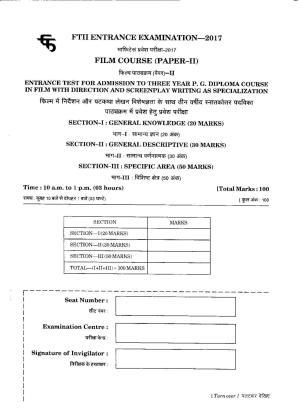 FTII JET Three Year Post Graduate Diploma in Direction & Screenplay Writing 2017 Question Paper