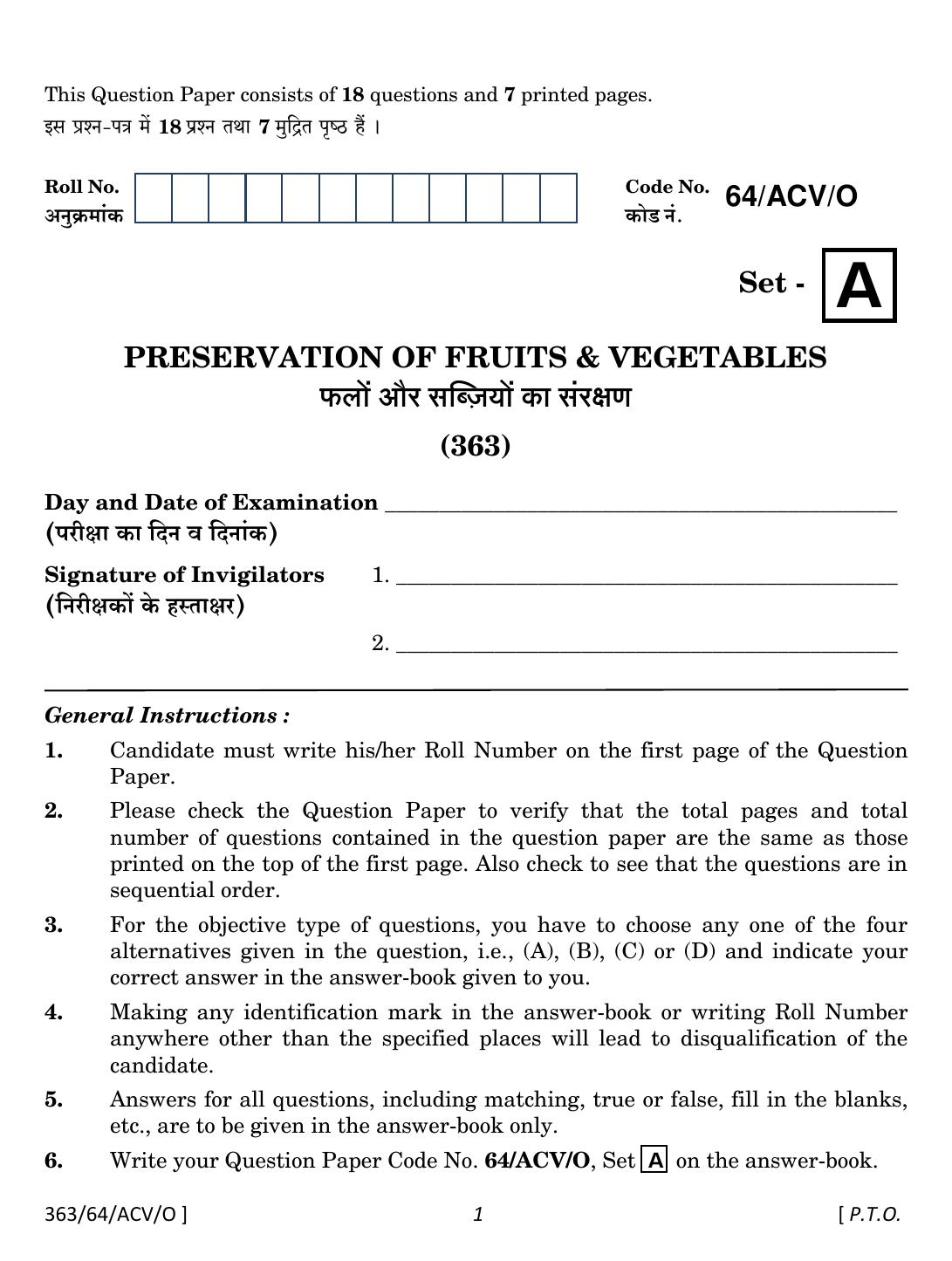 NIOS October 2022 Class 12 Preservation Of Fruits & Vegetables Question Paper - Page 1