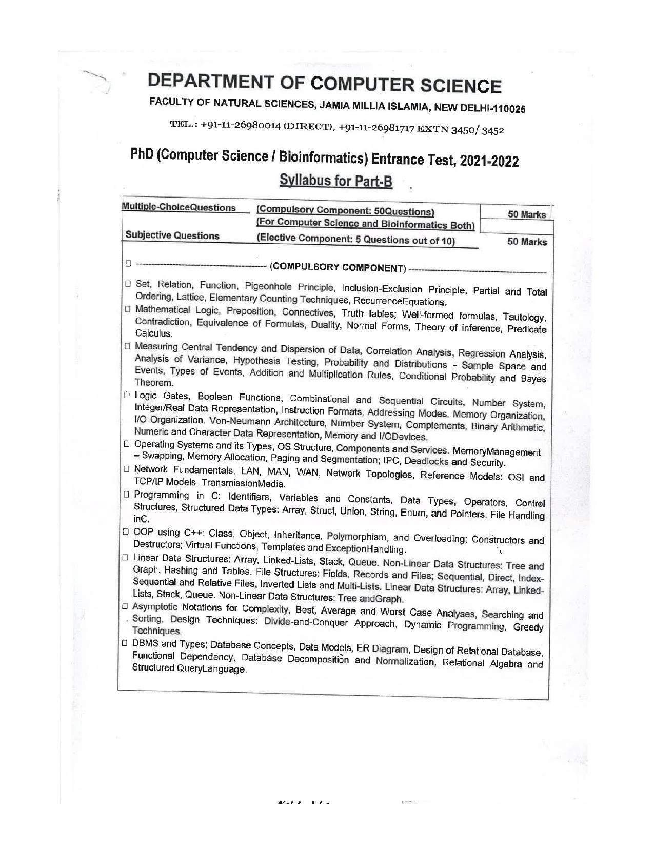 JMI Entrance Exam FACULTY OF NATURAL SCIENCES Syllabus IndCareer Docs