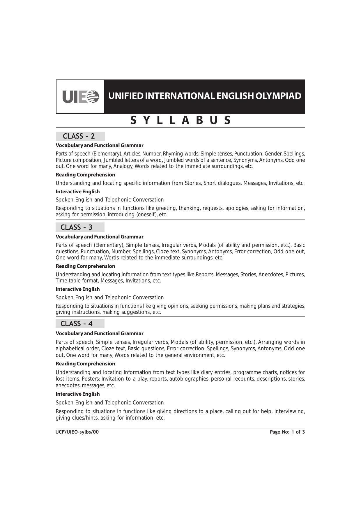 Unified International English Olympiad (UIEO) Syllabus PDF - Page 1