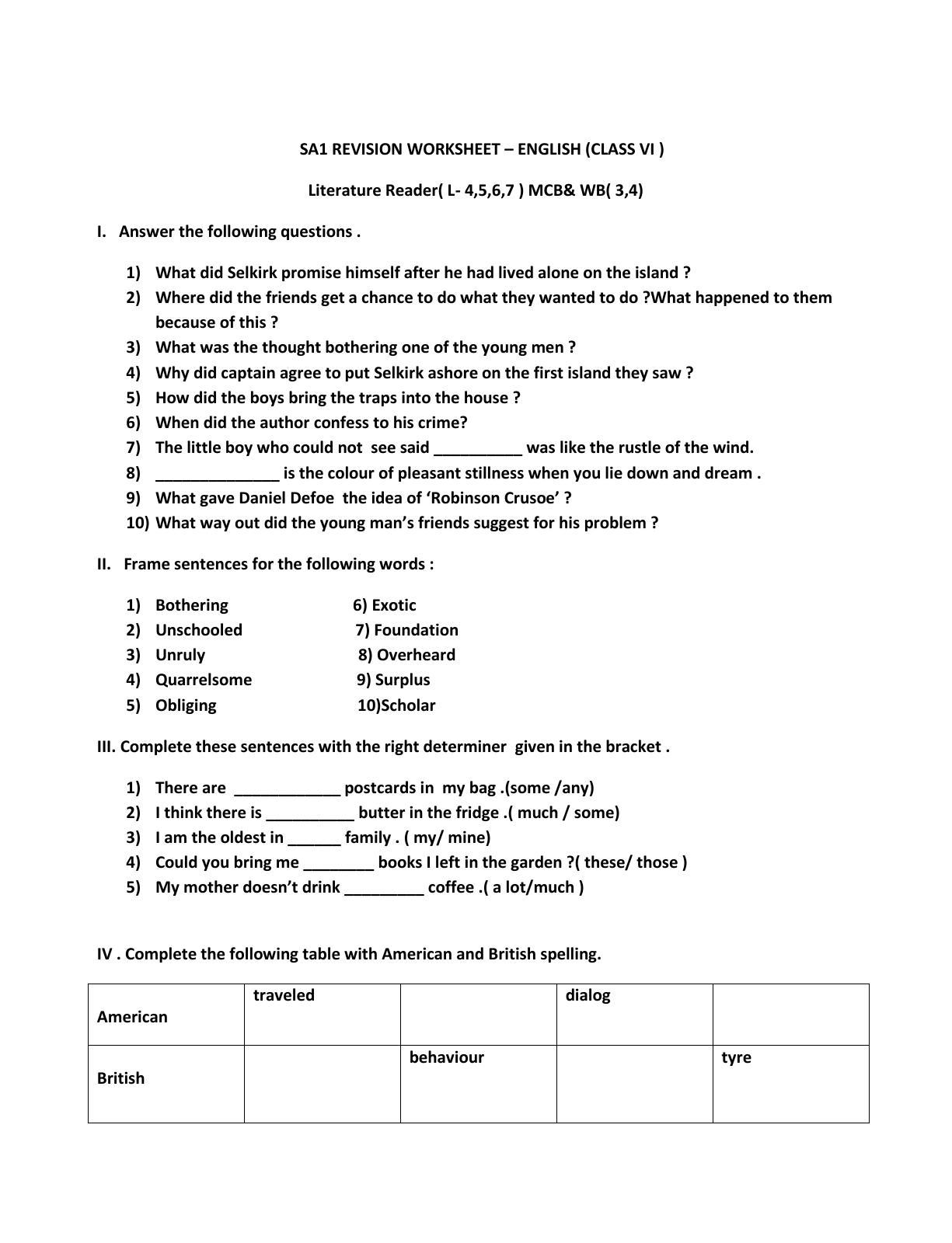 CBSE Worksheets for Class 6 English Literature Reader Assignment 1 - Page 1