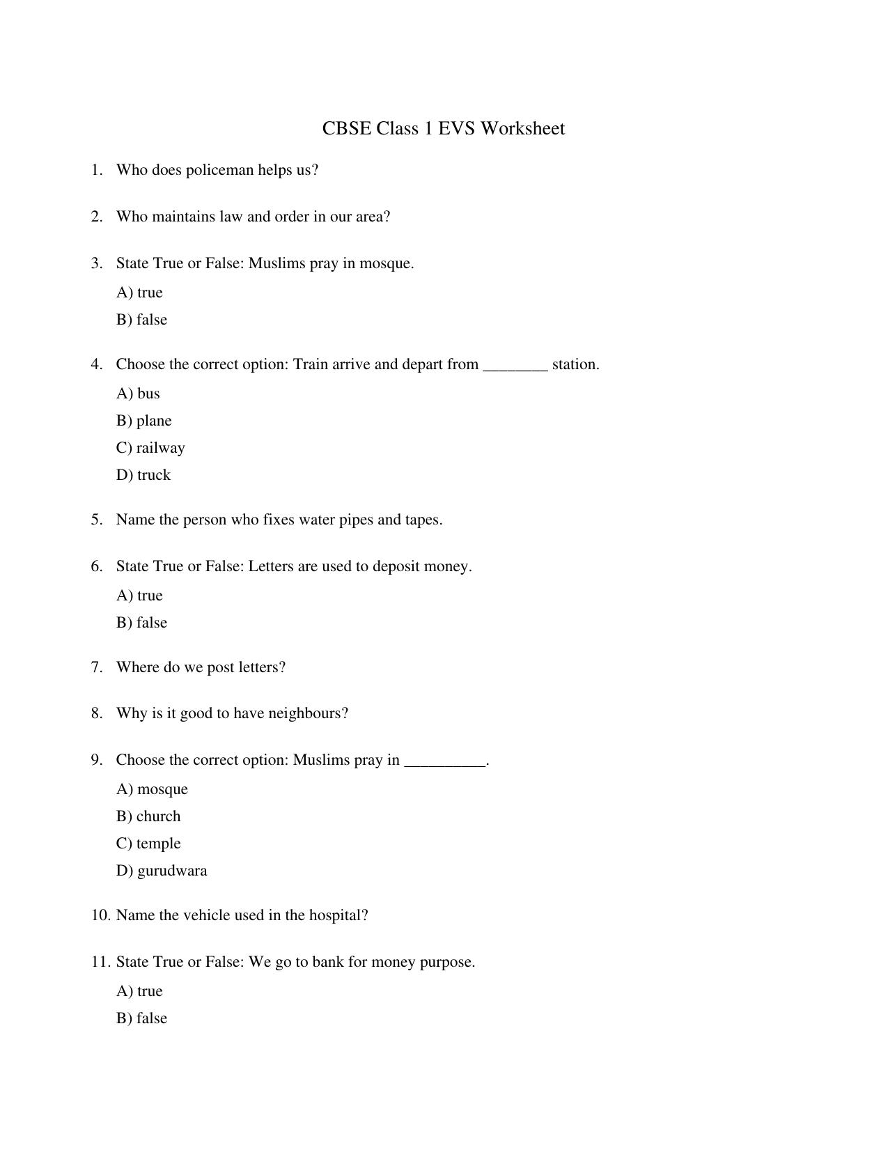 CBSE Class 1 EVS Clothes we wear Worksheets - Page 1