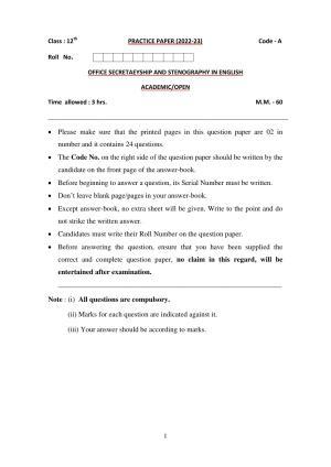 Haryana Board Class 12 OSS English Code A Sample Papers