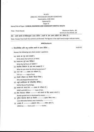 Bilaspur University Question Paper June 2022:M.A. Psychology (Fourth Semester) Clinical Diagnosis And Community Mental Health Paper 1