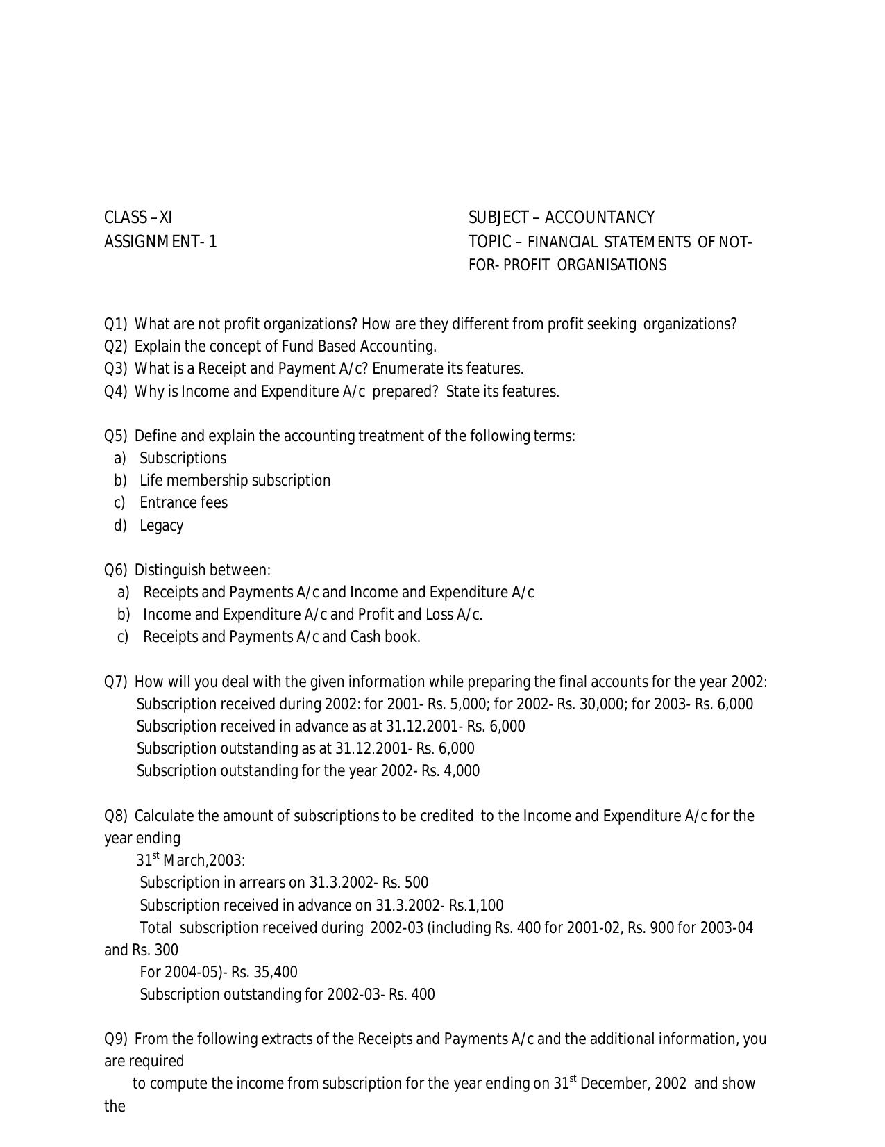 CBSE Worksheets for Class 11 Accountancy Assignment 17 - Page 1