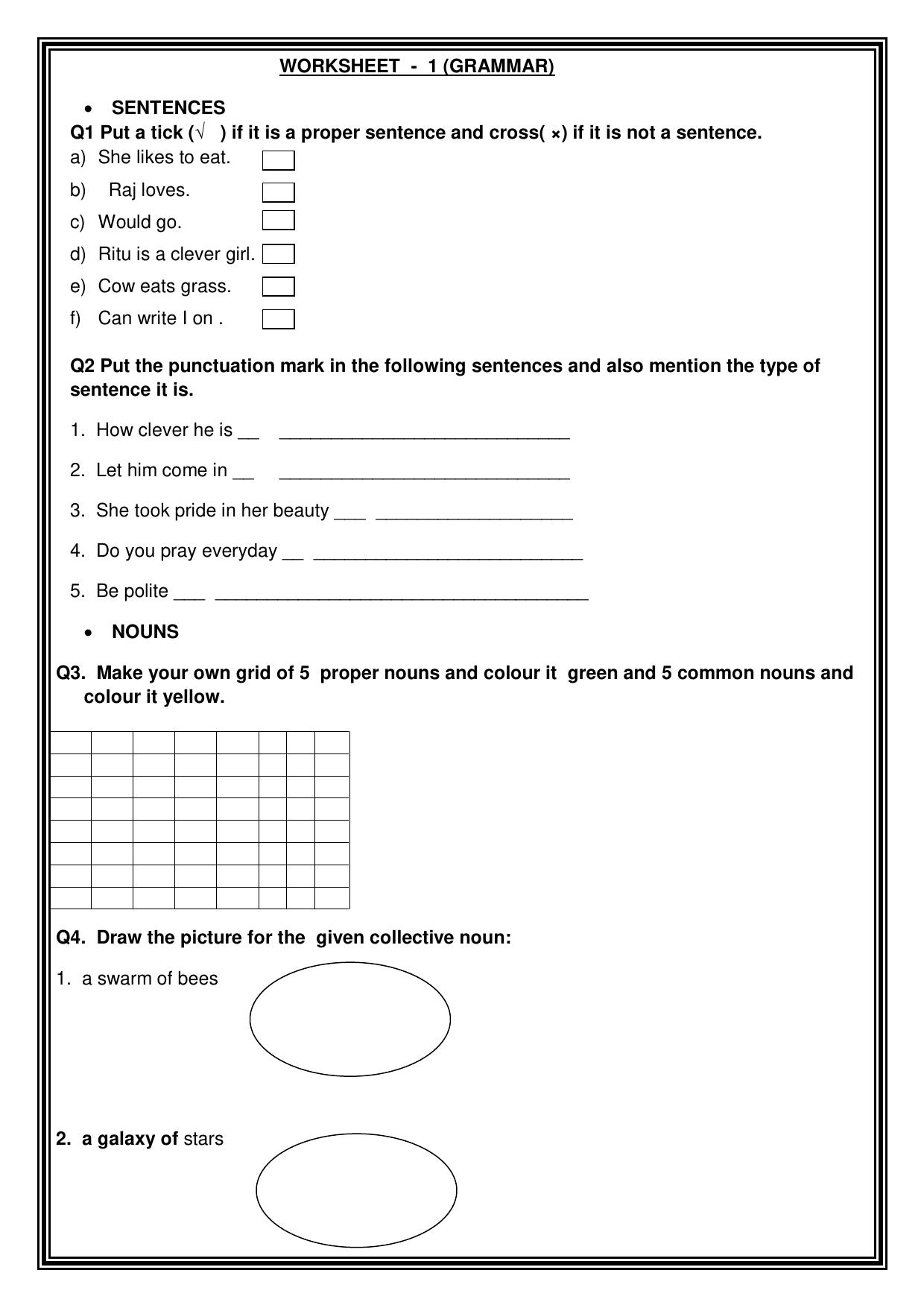 Worksheet for Class 3 English Grammer Assignment - Page 1