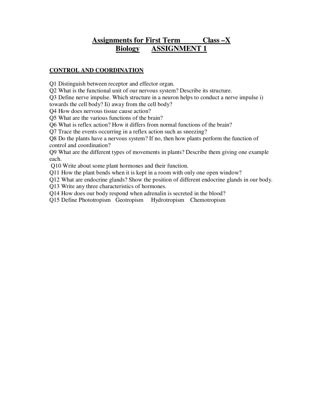 CBSE Worksheets for Class 10 Biology Assignment 10 - Page 1