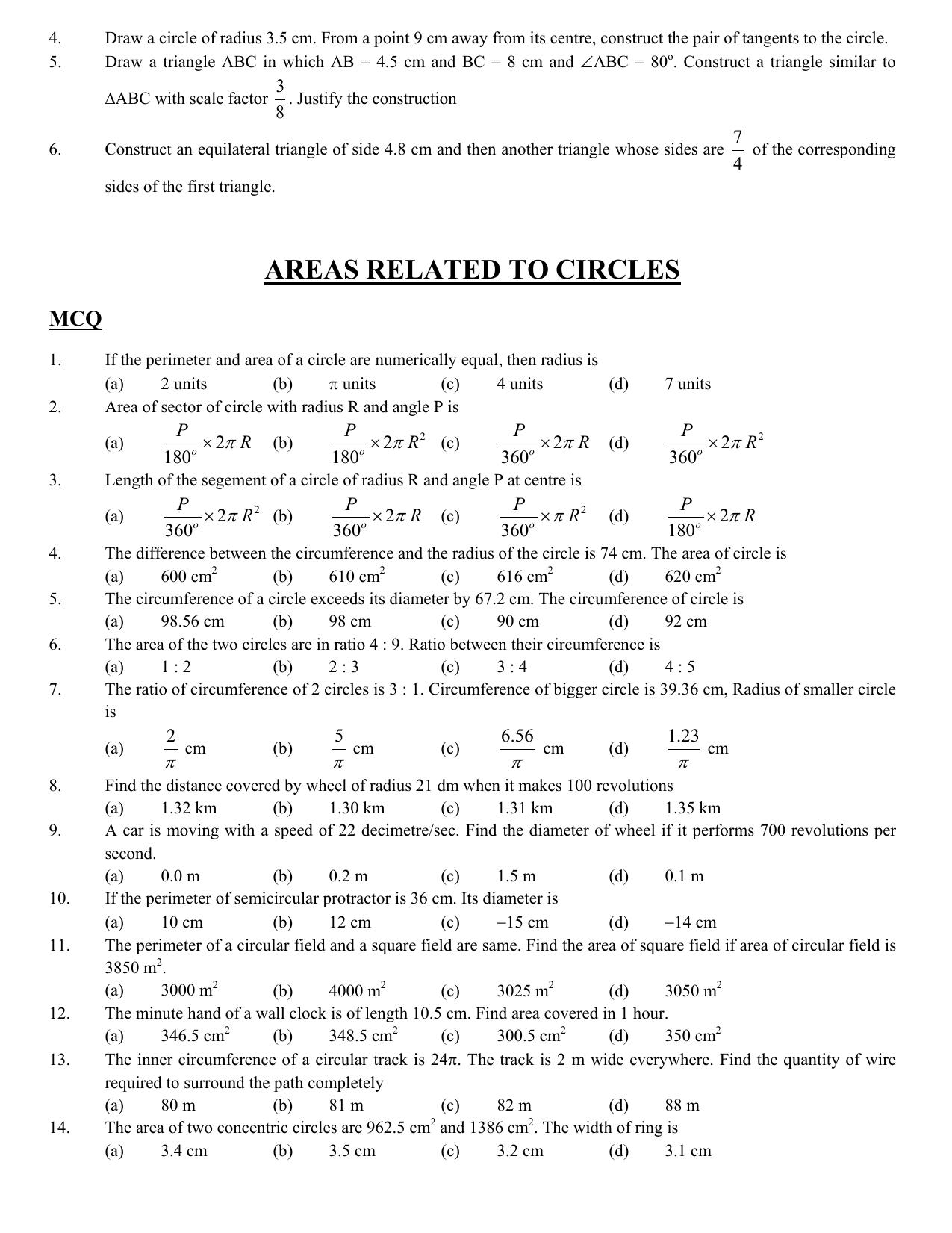 CBSE Worksheets for Class 10 Maths Areas related to Circles Assignment 5 - Page 1
