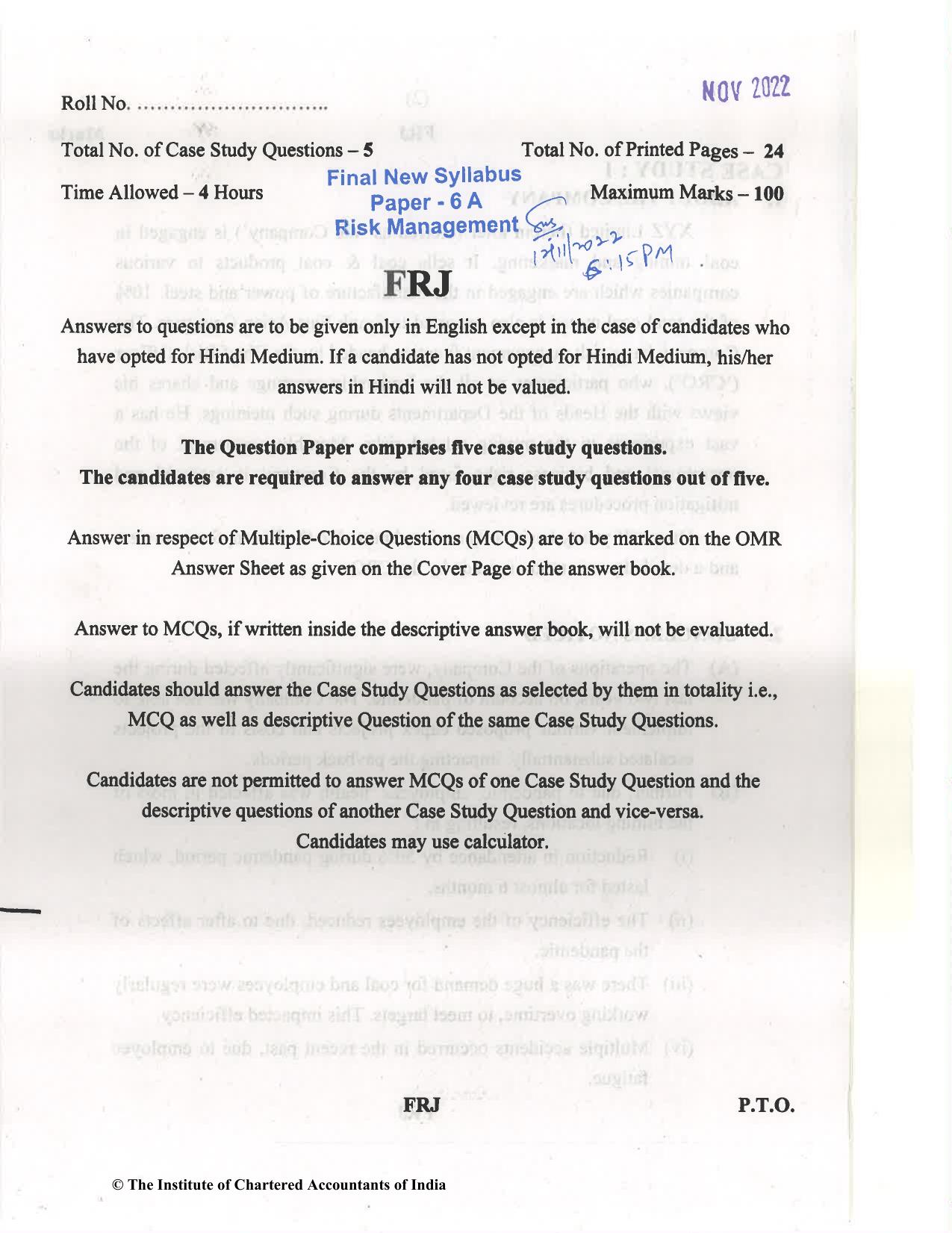 CA Final Nov 2022 Question Paper - Paper 6A – Risk Management - Page 1